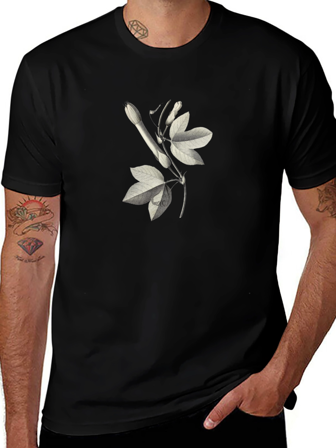 Variant 26 of Botanical Print Black Cotton Tee - Stylish Unisex Casual Wear