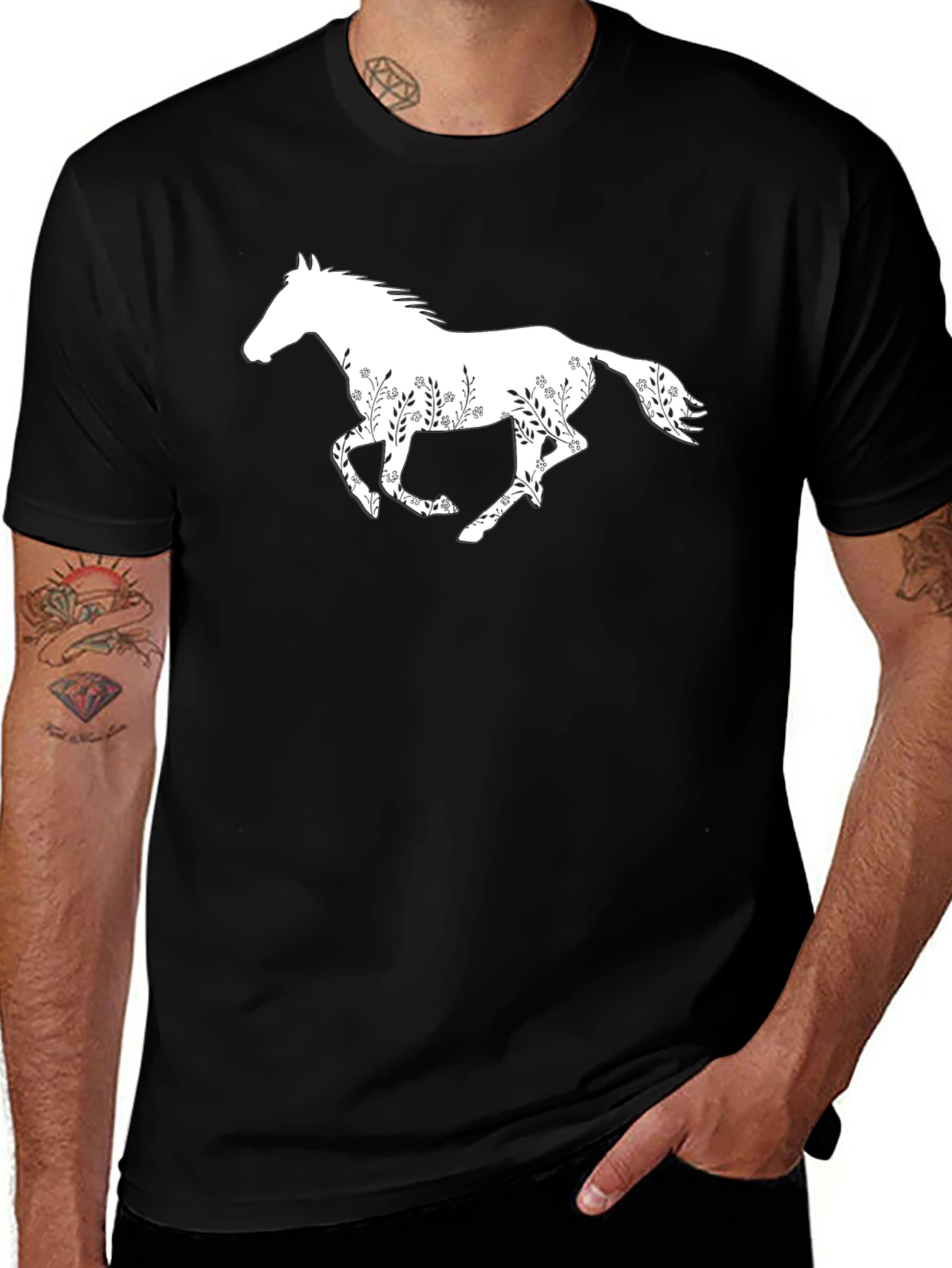 Variant 7 of Floral Horse Graphic Tee - Stylish Black T-Shirt