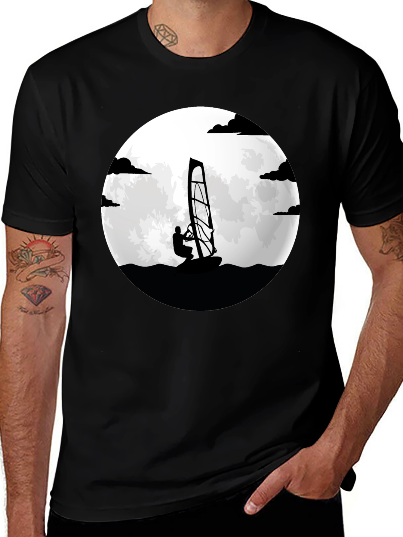 Variant 16 of Windsurfer Moon Graphic Tee - Black Cotton Shirt