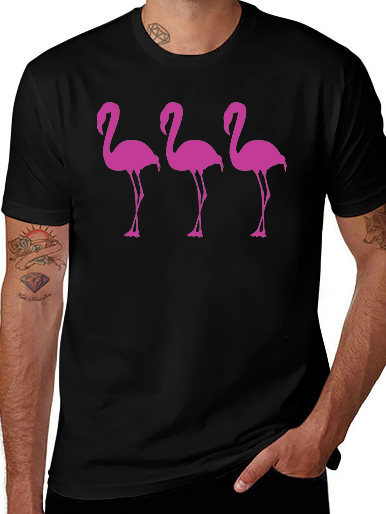 Variant 23 of Men's Black T-Shirt with Three Pink Flamingos
