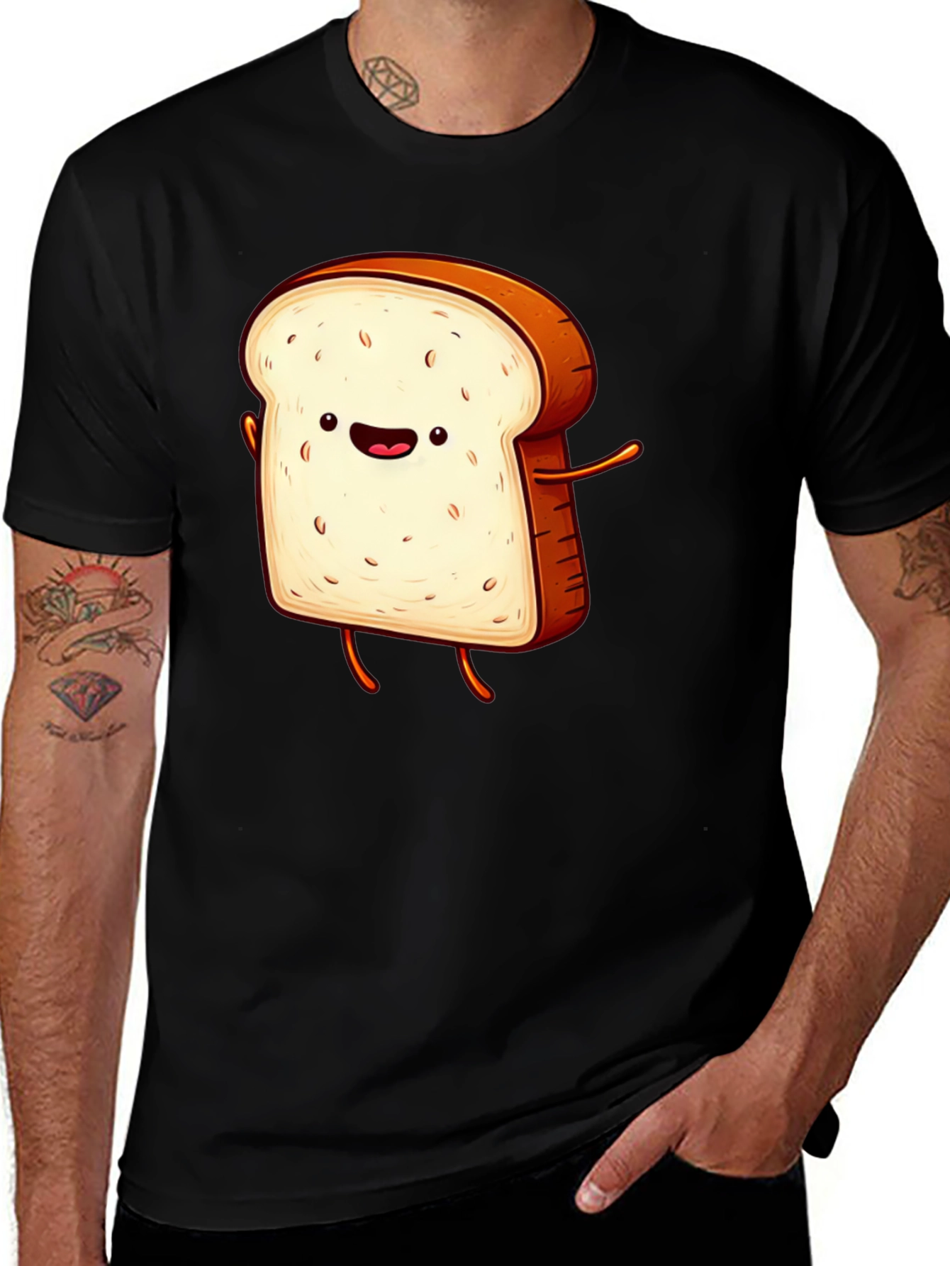 Funny Cartoon Toast Graphic Tee - Black T-Shirt