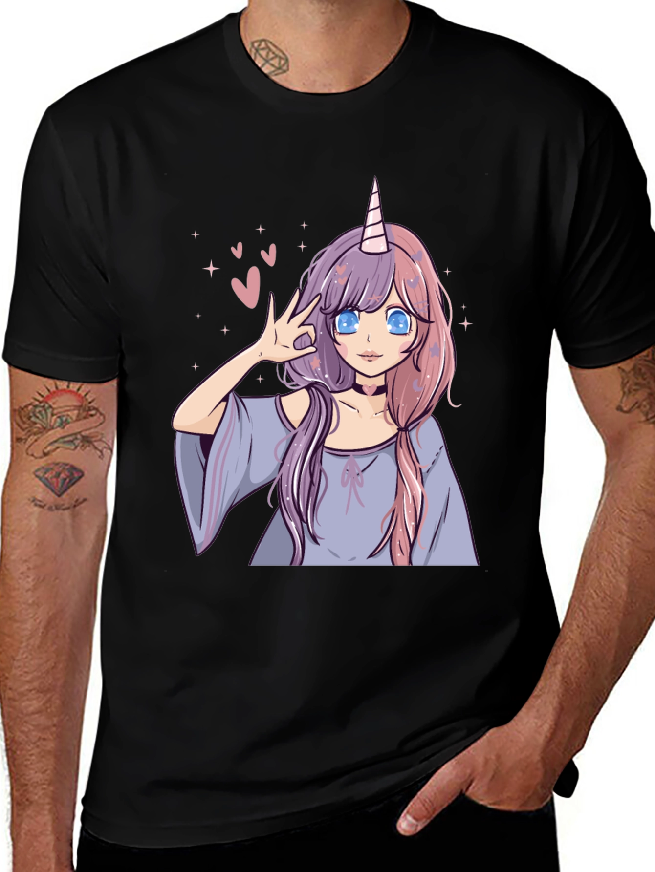 Variant 19 of Anime Unicorn Girl Graphic Tee - Black Casual T-Shirt
