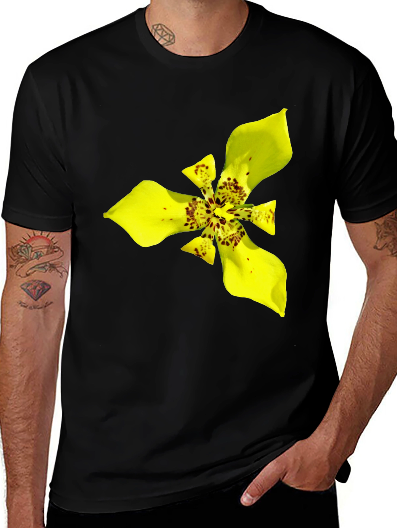 Variant 7 of Black T-Shirt with Exotic Yellow Flower Graphic