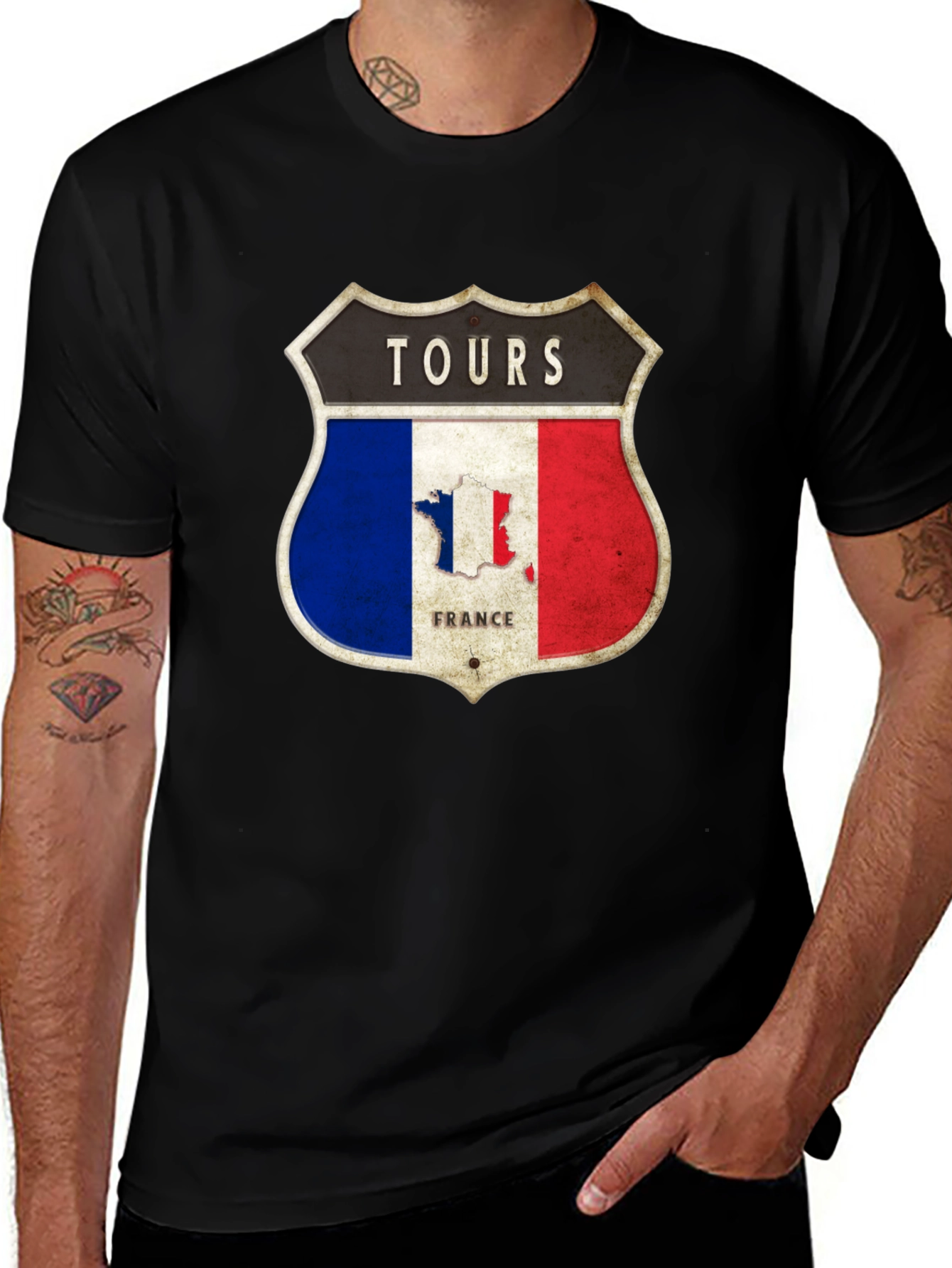 Tours France T-Shirt - French Flag Shield Design