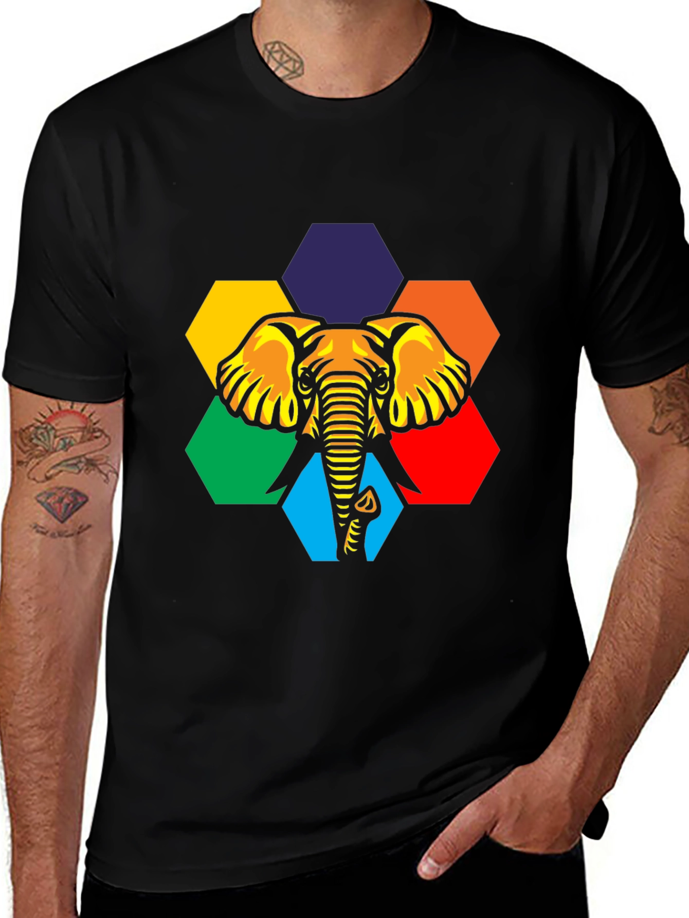 Variant 27 of Elephant Hexagon Graphic Tee - Men's Black T-Shirt