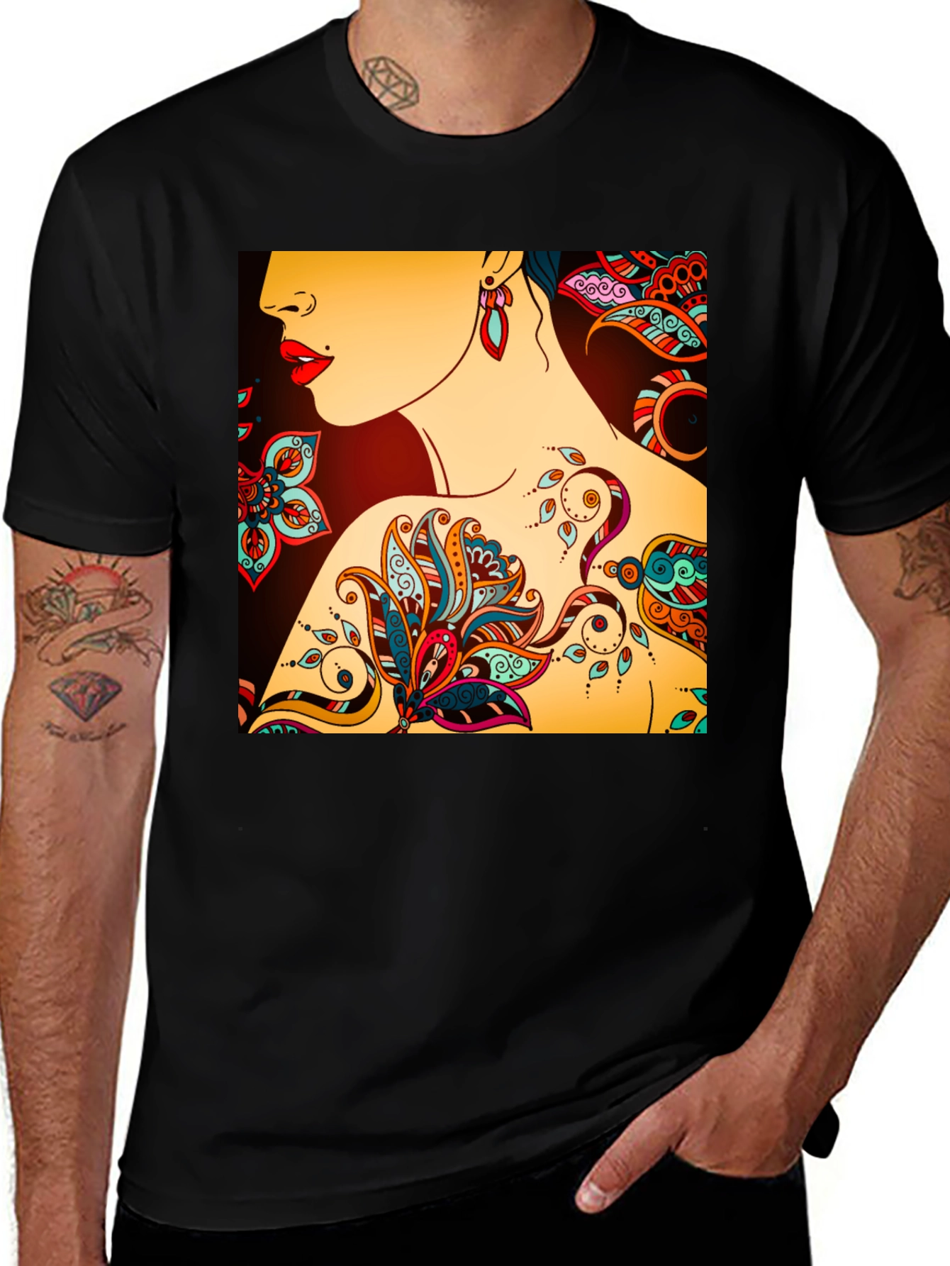 Variant 20 of Artistic Tattoo Print Black T-Shirt
