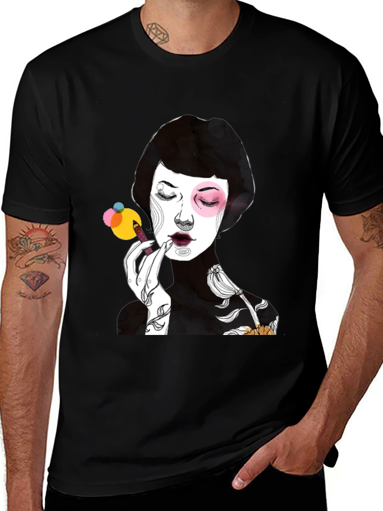 Variant 14 of Graphic Print Black T-Shirt - Woman Applying Makeup