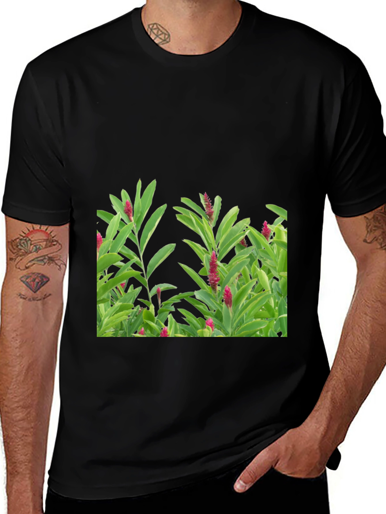 Variant 2 of Tropical Plant Graphic Tee - Black Cotton Shirt