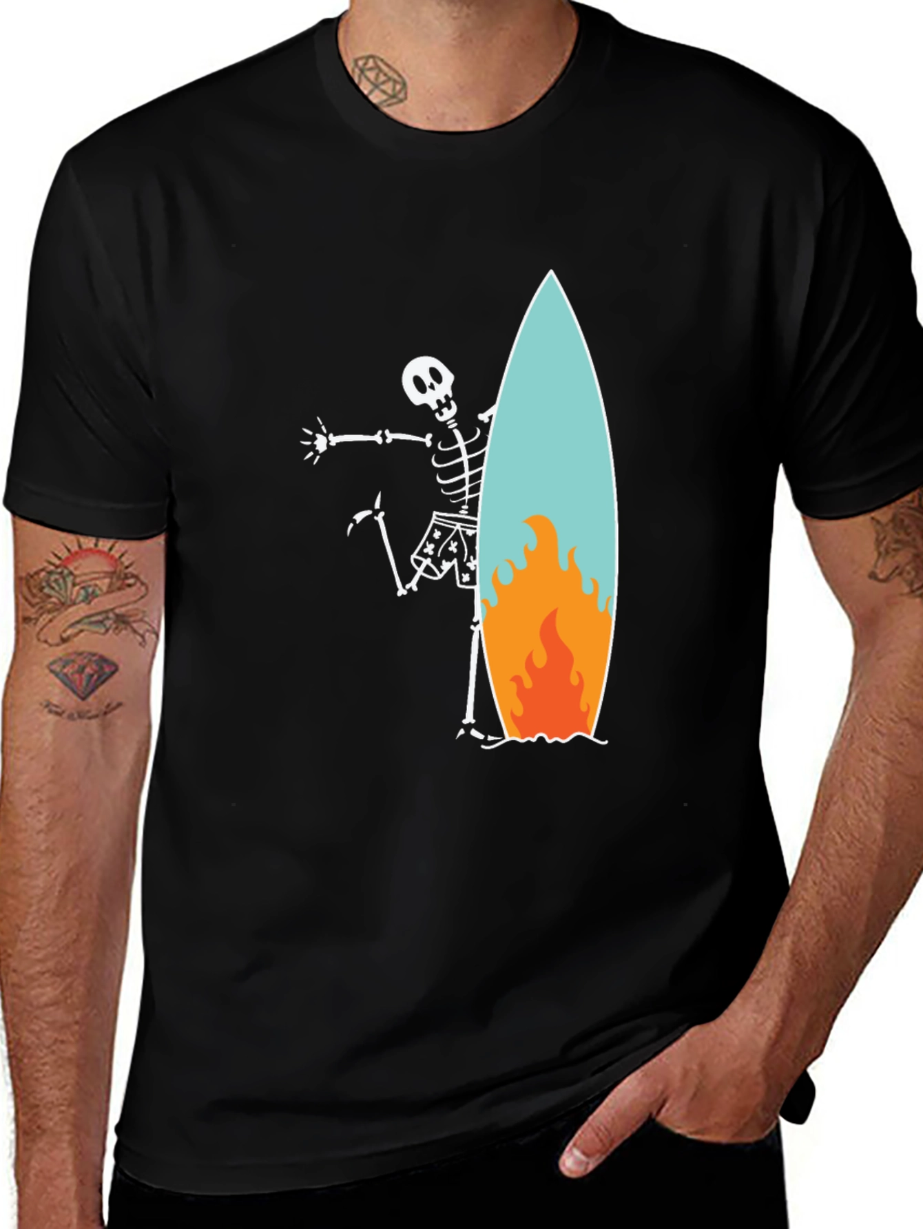 Skeleton Surfer Graphic Tee - Black Casual T-Shirt