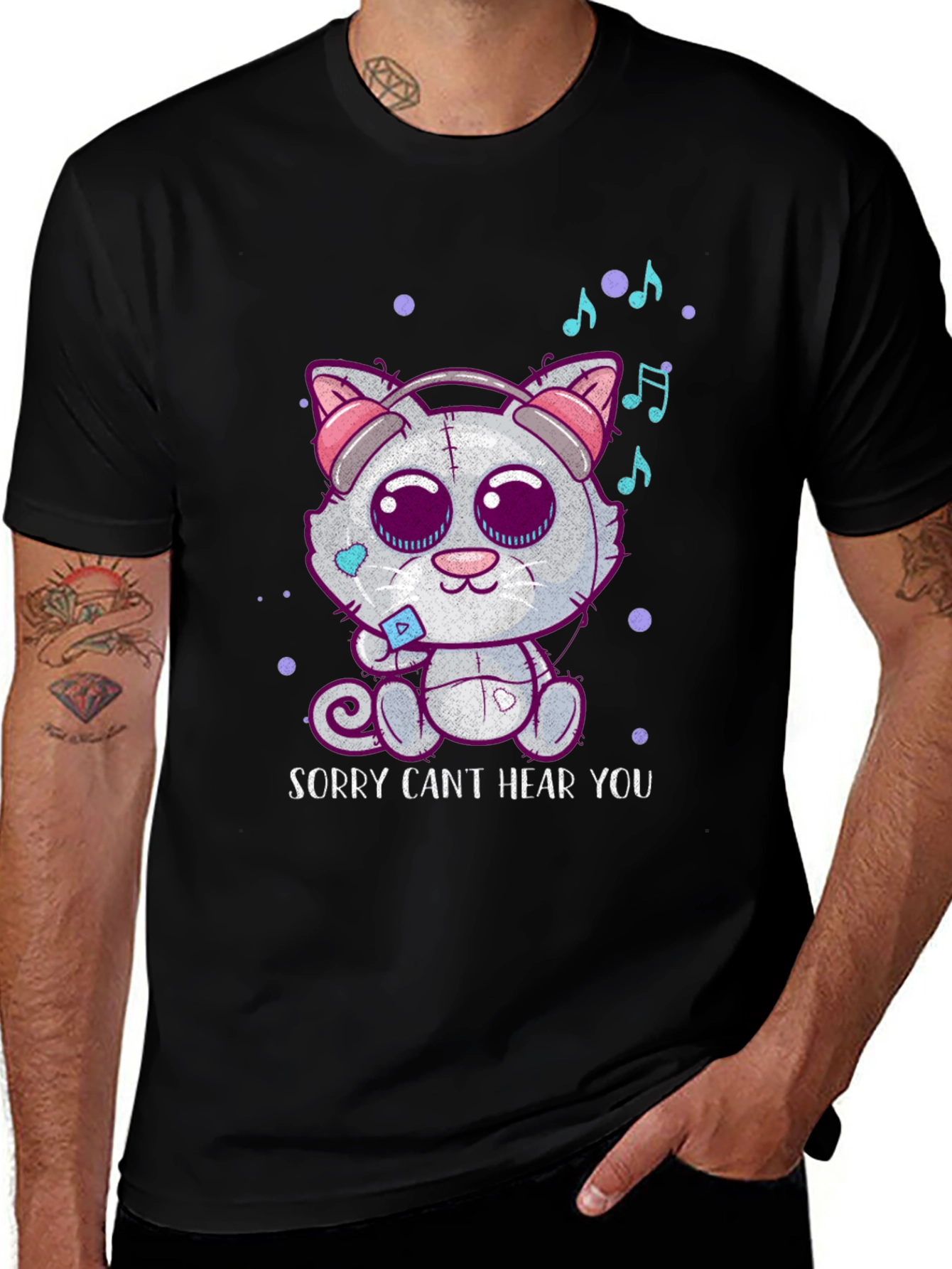 Variant 5 of Cat with Headphones T-Shirt - Sorry Can't Hear You