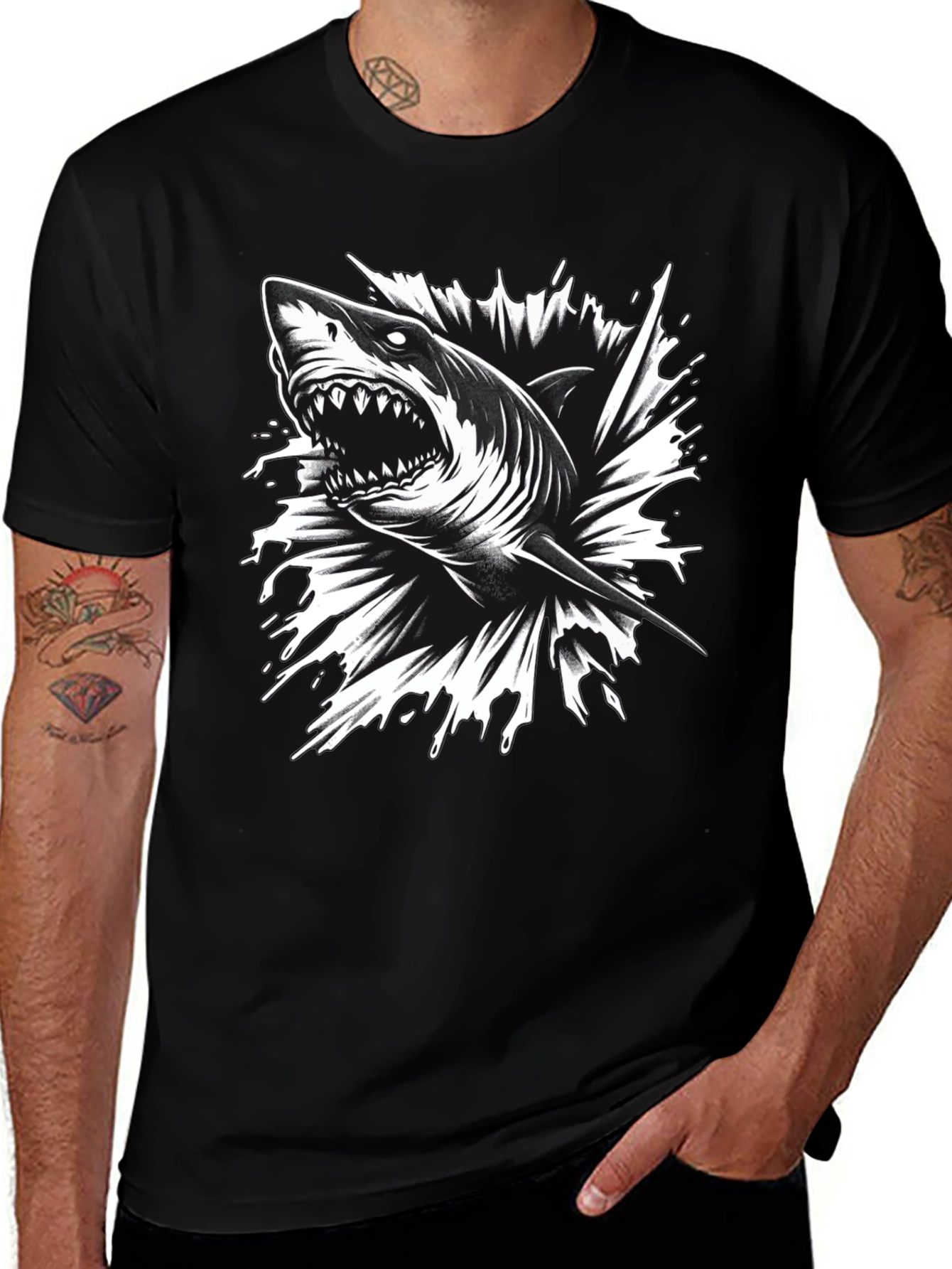 Variant 26 of Men's Black Shark Graphic Tee - Bold & Edgy!
