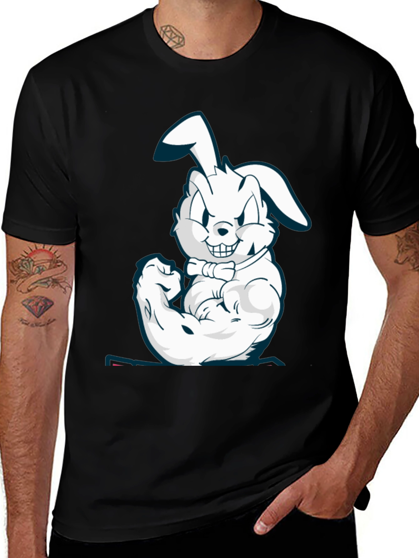 Variant 6 of Muscle Bunny Graphic Tee - Black Cotton T-Shirt