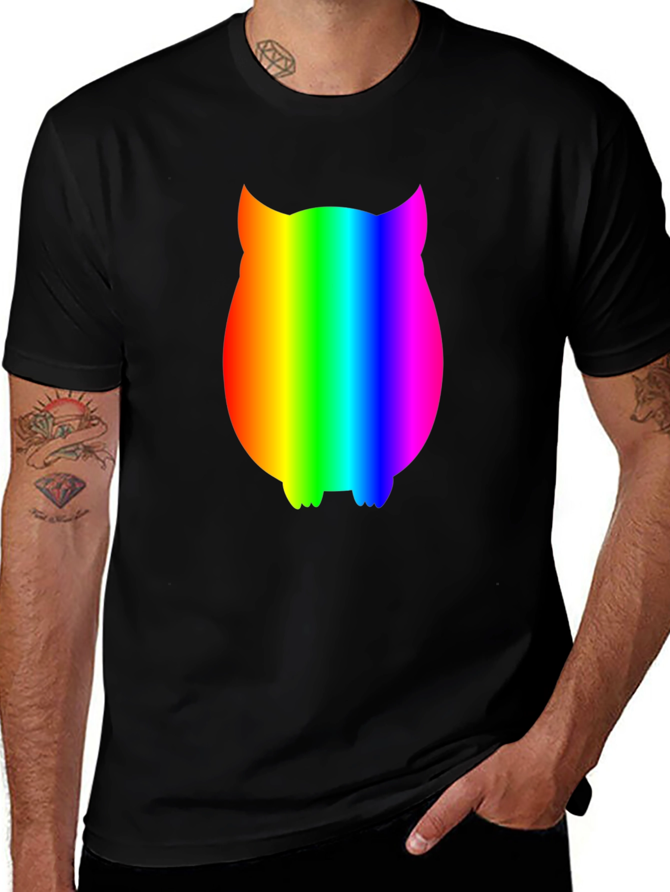 Variant 28 of Rainbow Owl Graphic Tee - Black Cotton Blend