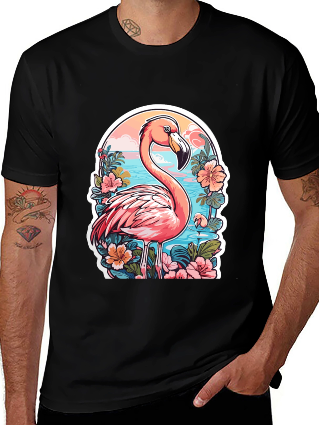 Variant 8 of Tropical Flamingo T-Shirt - Black Cotton Blend Tee