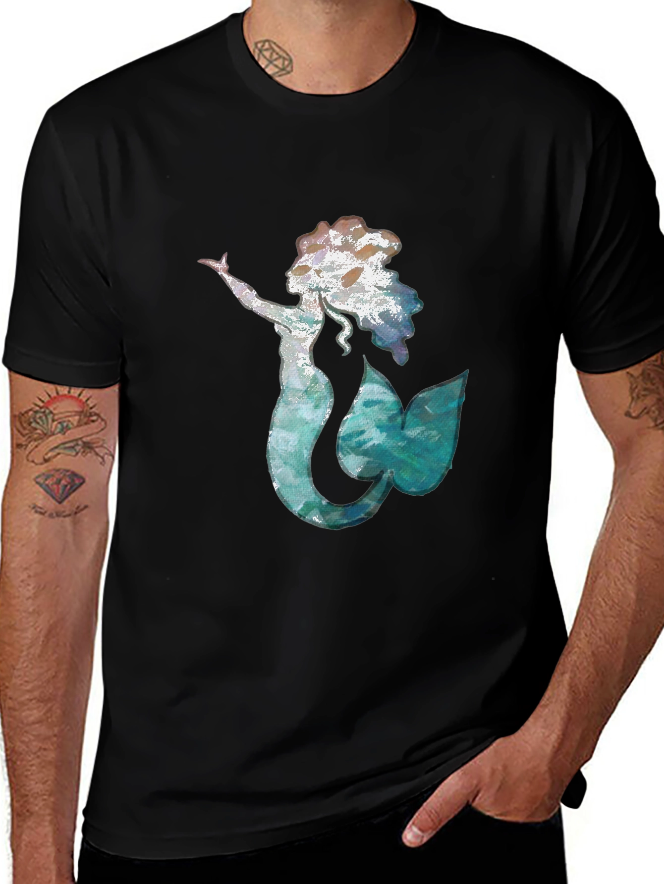Mermaid Graphic Tee - Black Cotton Casual T-Shirt