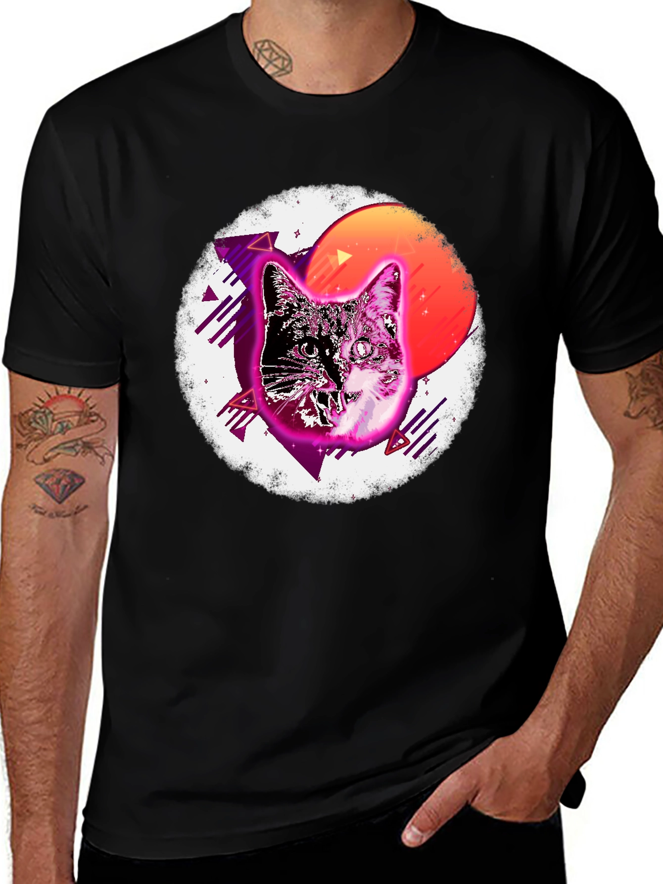 Variant 13 of Retro Cat Graphic T-Shirt - Men's Black Tee