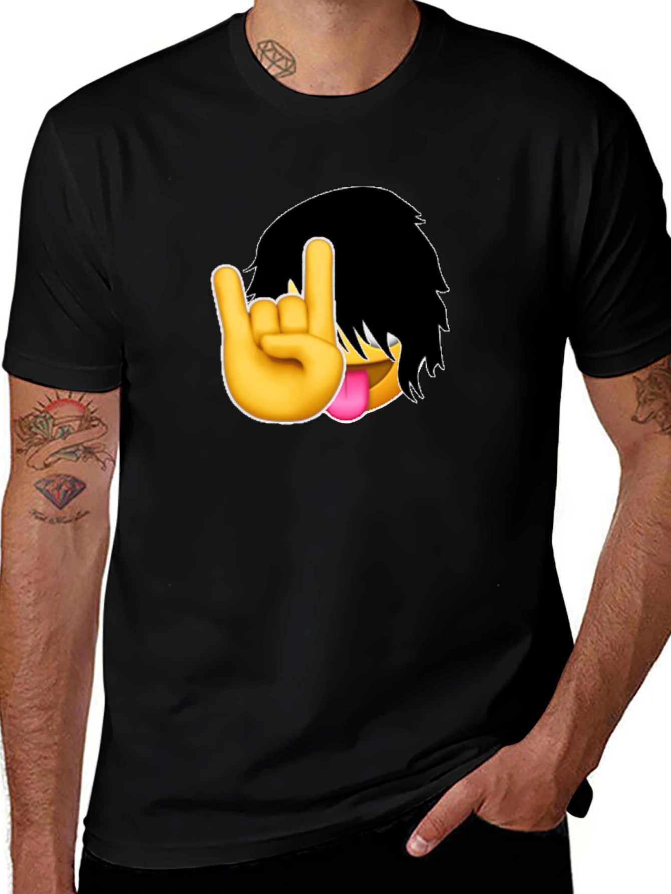 Emo Emoji Rock On Hand Black T-Shirt