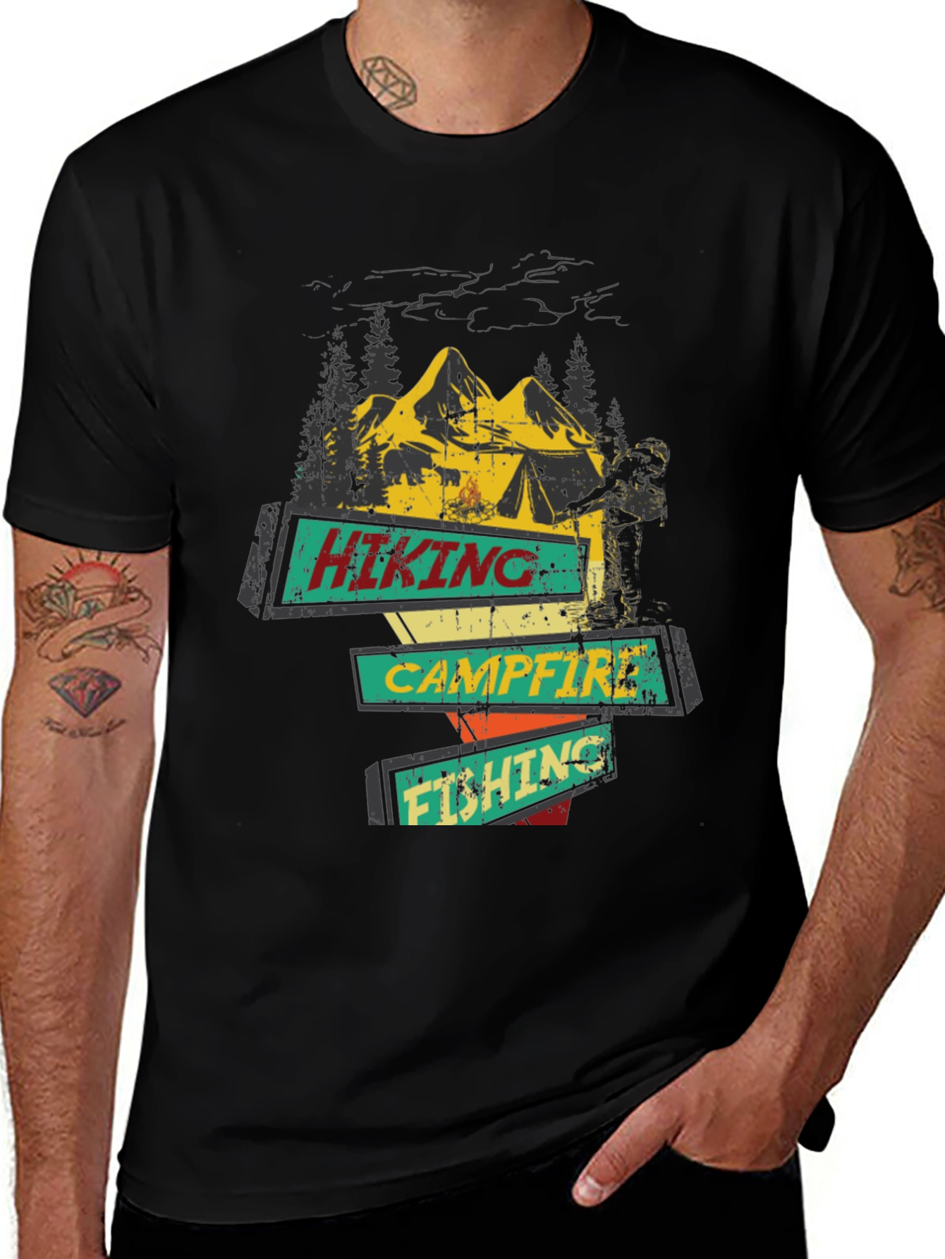 Black Hiking Campfire Fishing Graphic Tee main image