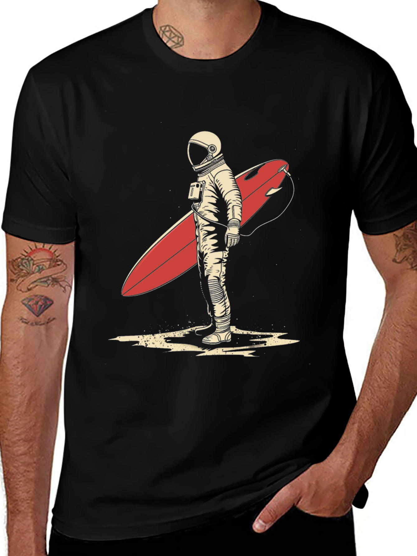 Variant 29 of Astronaut Surfer Graphic Tee - Black Cotton T-Shirt