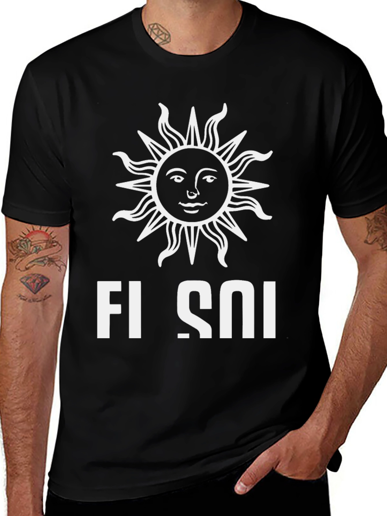 Variant 10 of Black Graphic Tee with Sun Design and 'FI SOI'