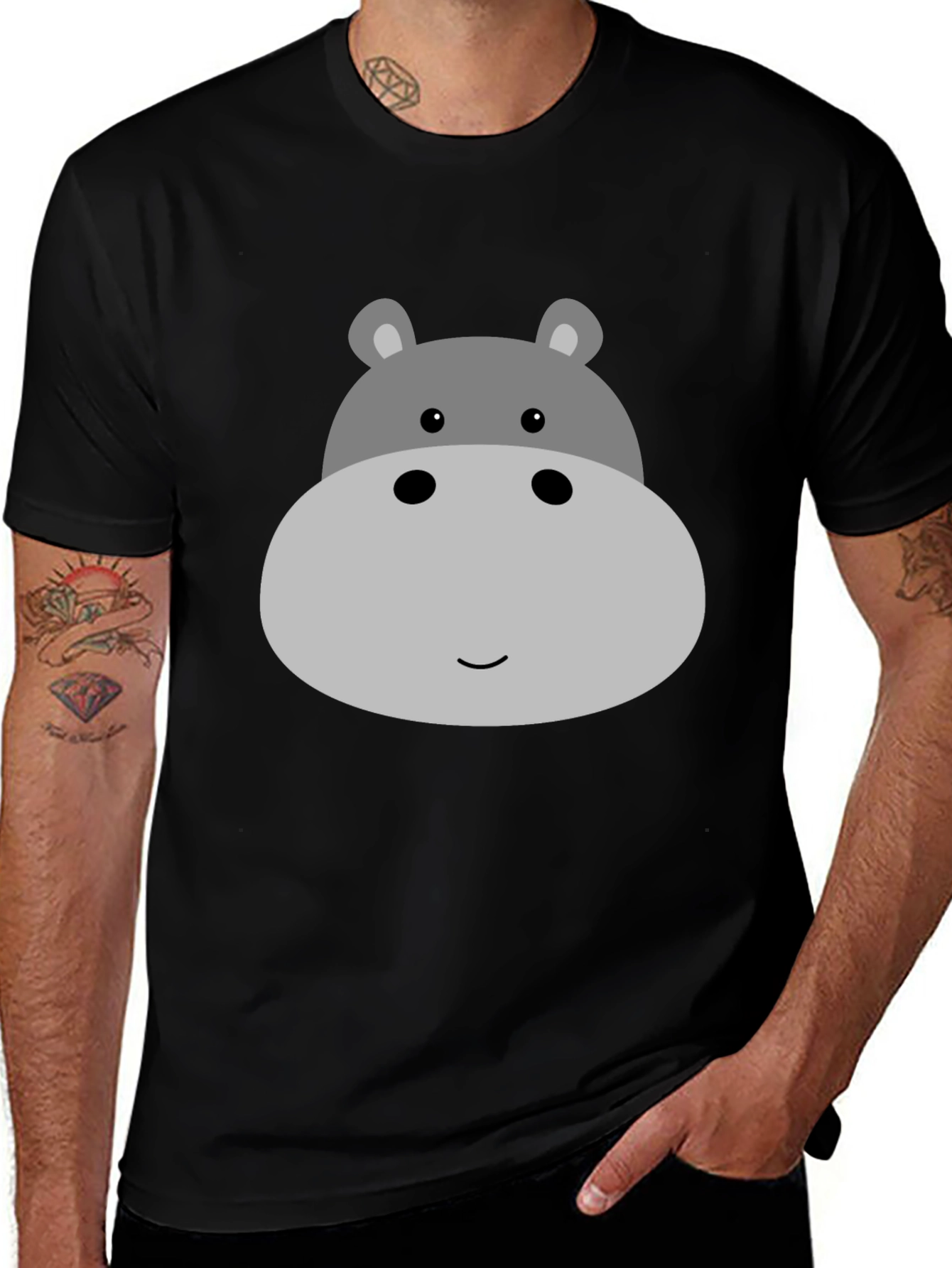 Variant 12 of Cute Hippo Face Graphic Tee - Black