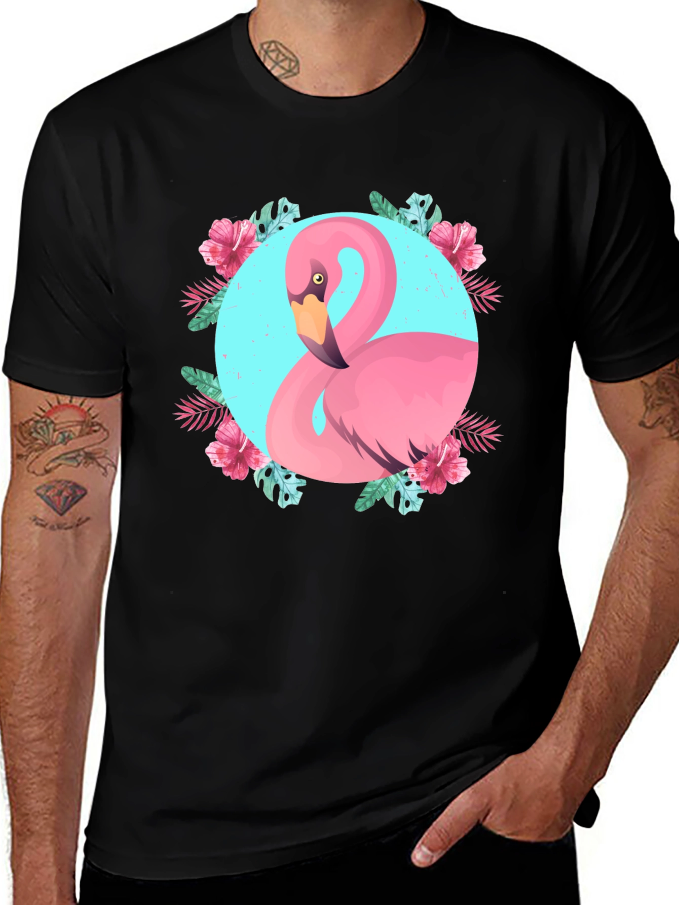 Variant 10 of Tropical Flamingo Graphic Black T-Shirt