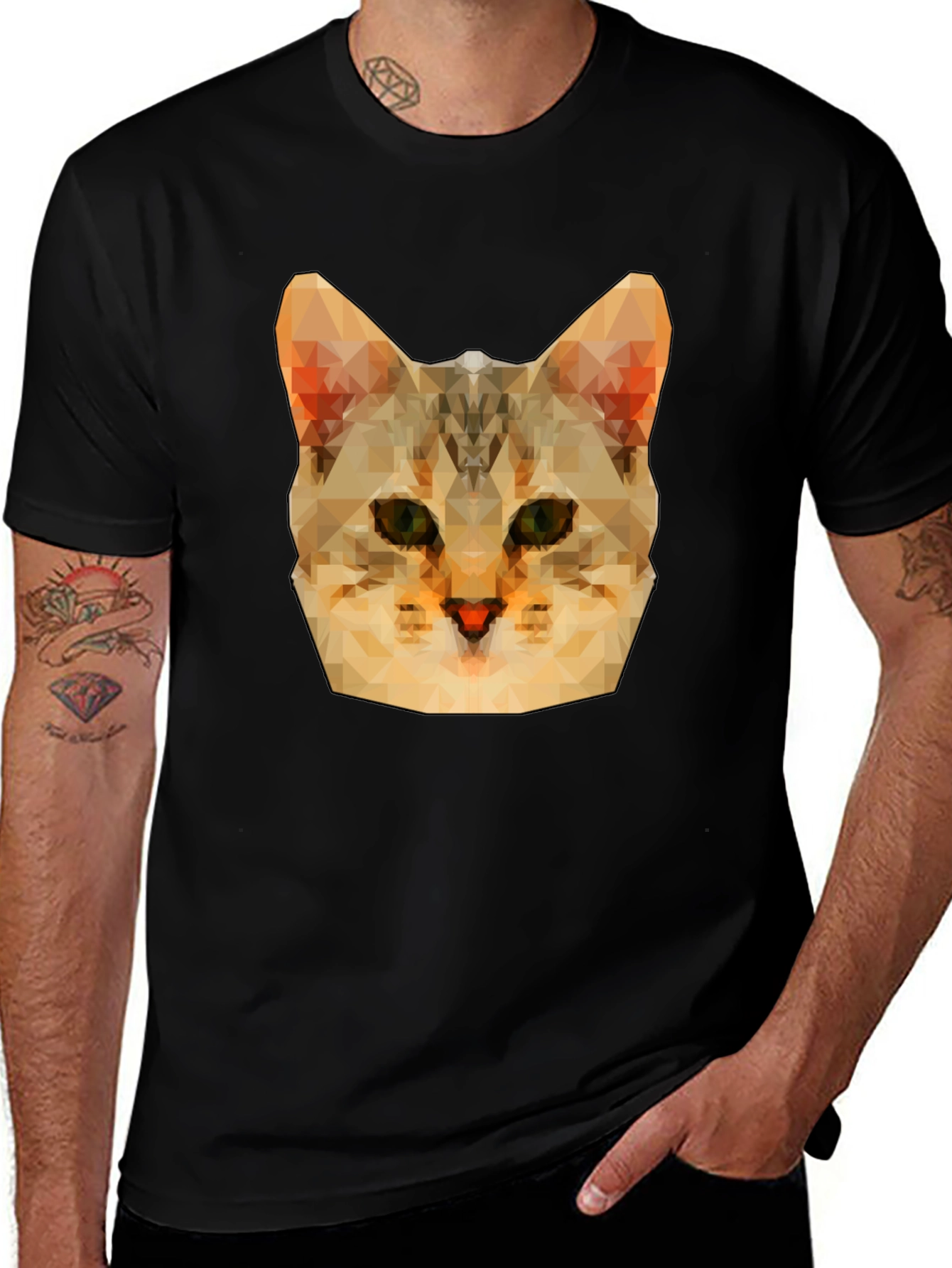 Variant 18 of Geometric Cat Head Graphic Print Black T-Shirt