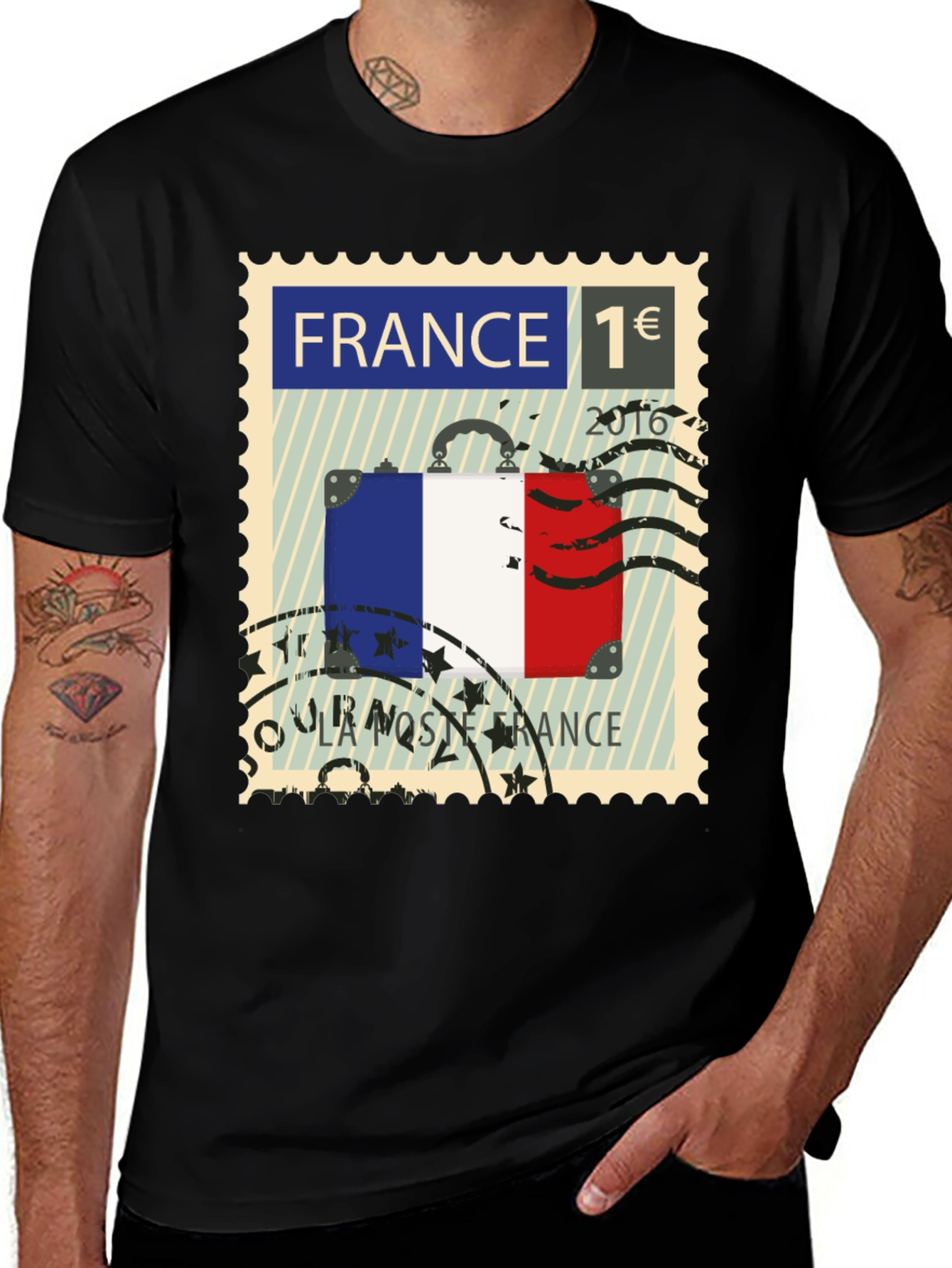 France Stamp Design Black T-Shirt