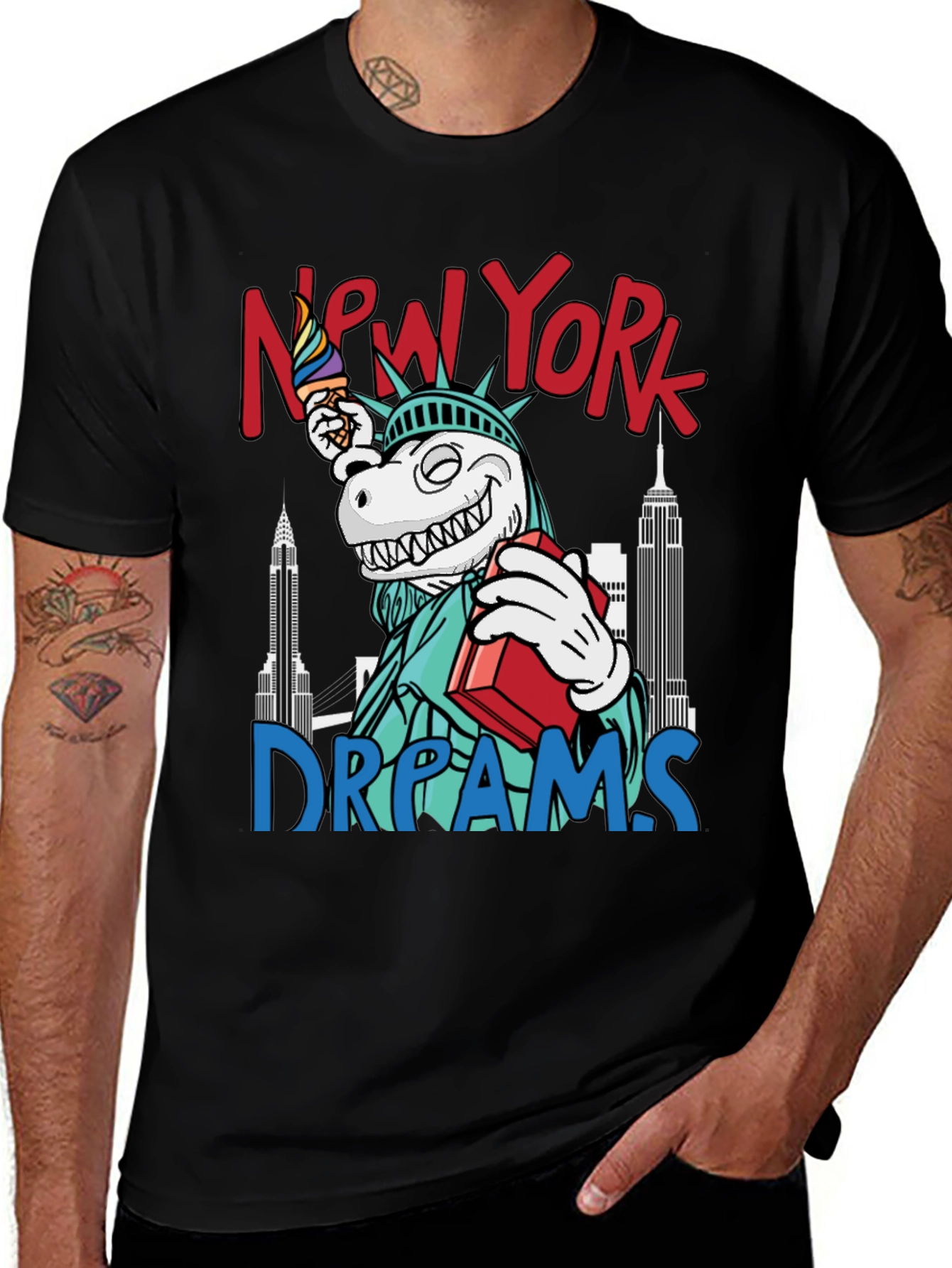 Black New York Dreams T-Shirt: Dinosaur Liberty Funny Tee main image