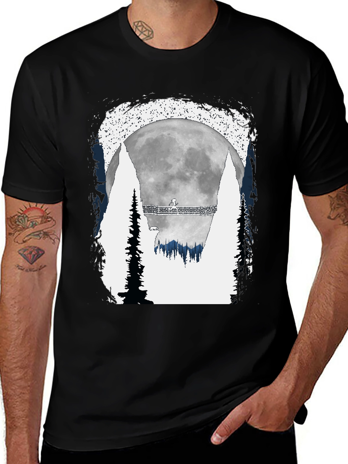 Variant 13 of Men's Graphic T-Shirt - Moonlit Forest Scene