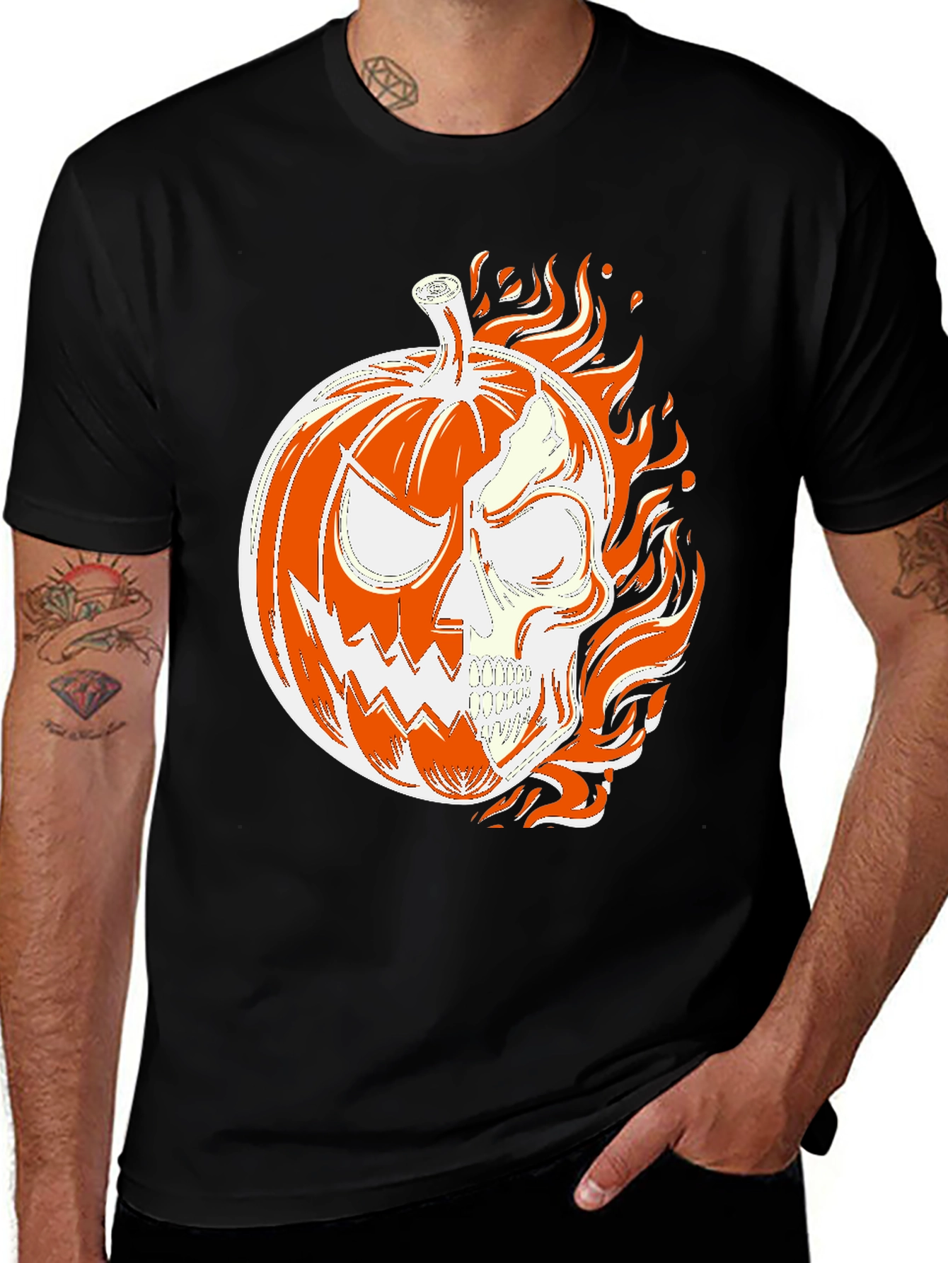 Fiery Pumpkin Skull Halloween T-Shirt