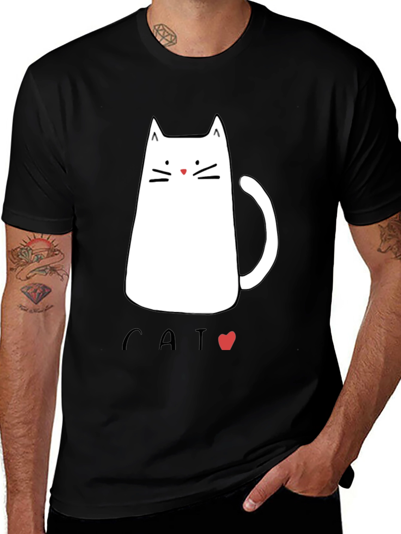 Black Men's Black T-Shirt with Cat Graphic main image