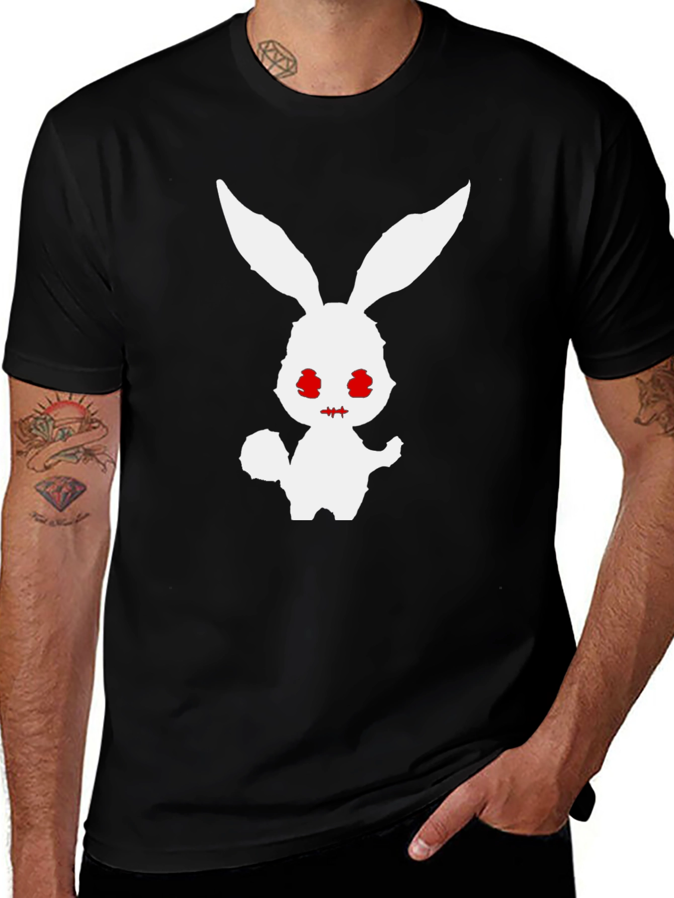Variant 16 of Men's Black T-Shirt with Spooky Rabbit Graphic