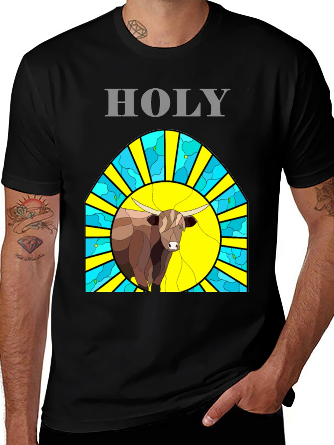Holy Cow T-Shirt - Unique Stained Glass Highland Bull Design