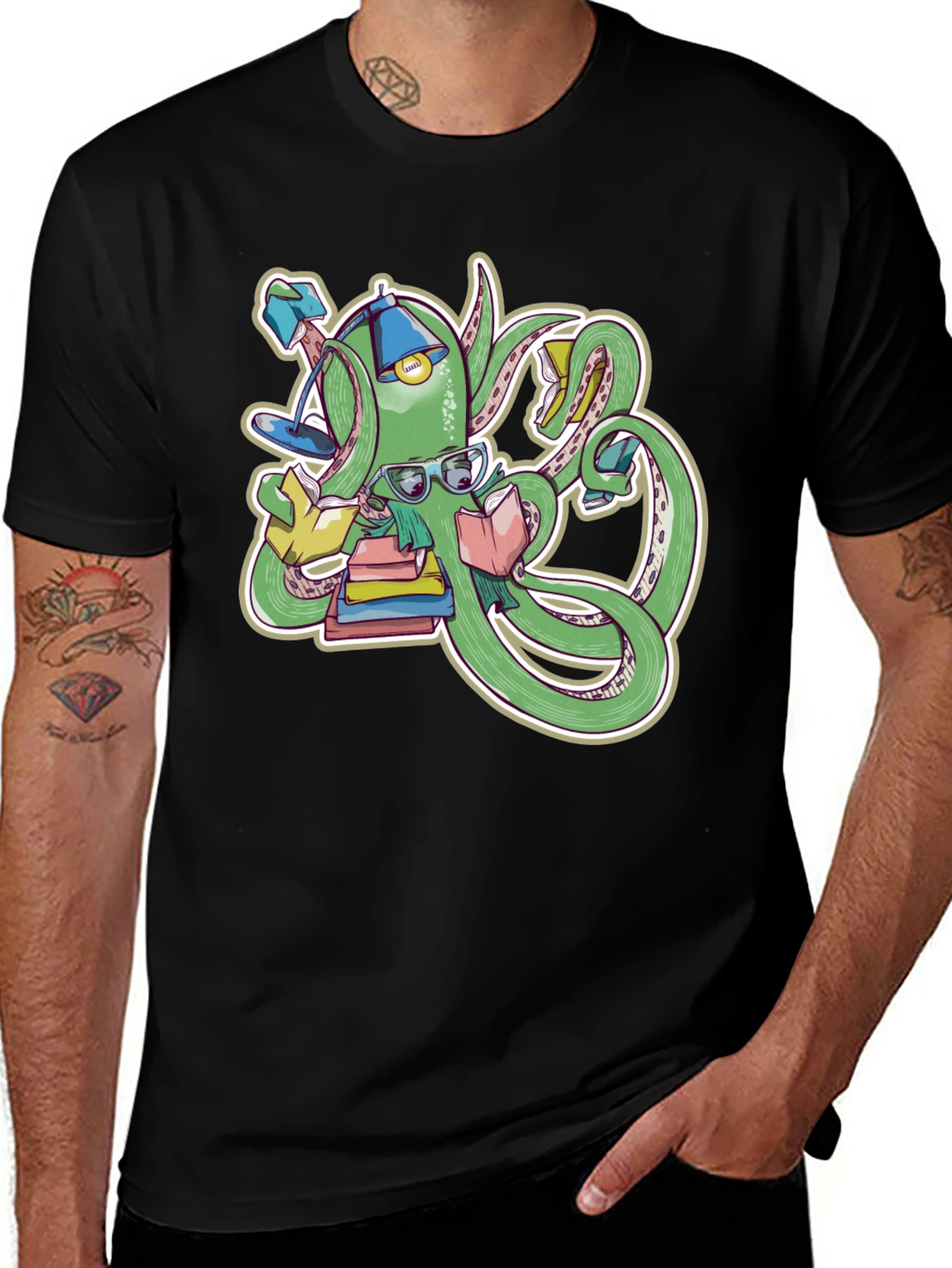 Variant 9 of Bookworm Octopus Graphic Tee - Black Cotton T-Shirt