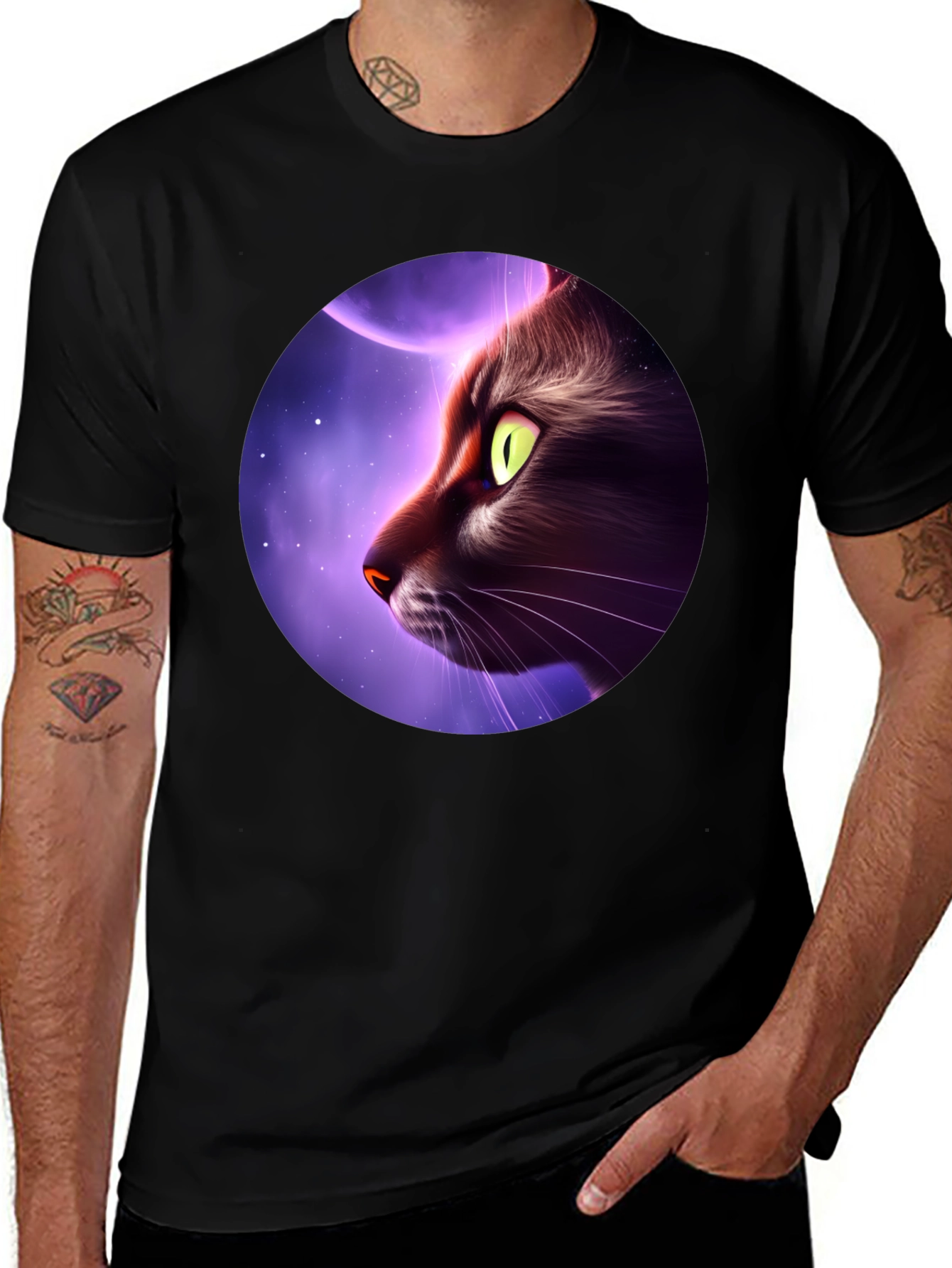 Variant 22 of Cat Moon Graphic Tee - Men's Black T-Shirt