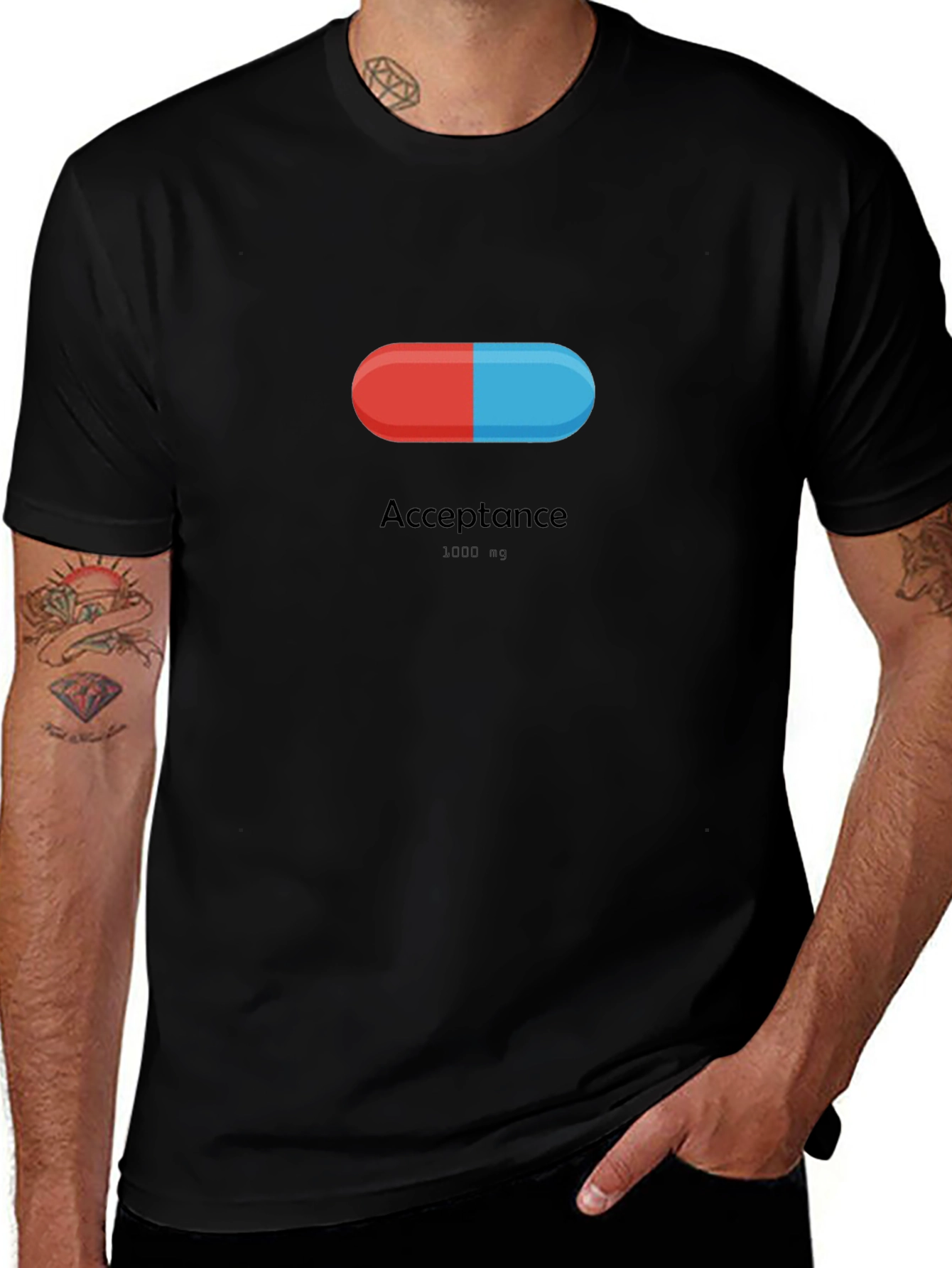 Variant 14 of Acceptance Pill T-Shirt - Red & Blue, Black Tee