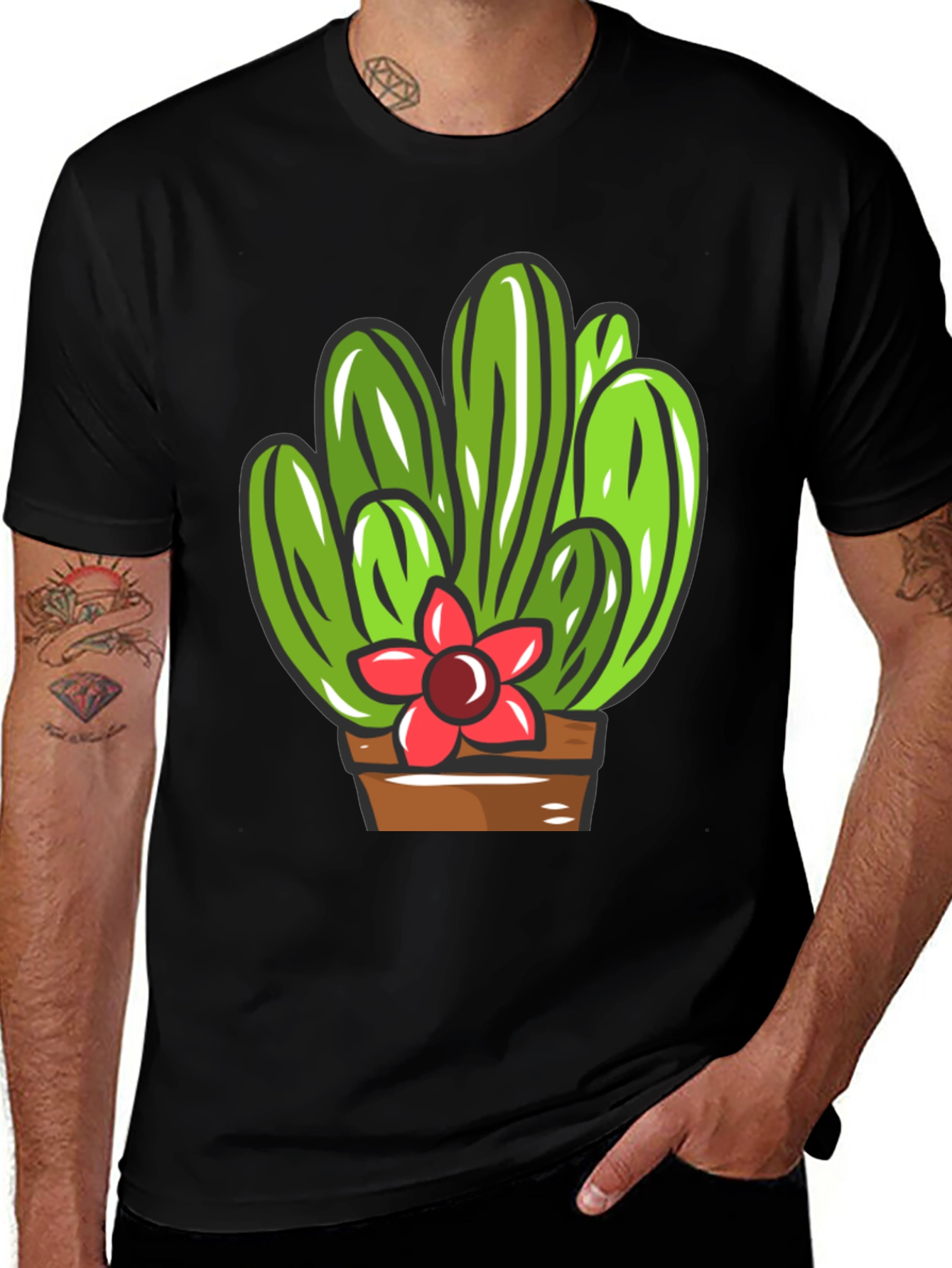 Variant 12 of Cactus Flower Graphic T-Shirt - Black Cotton Tee