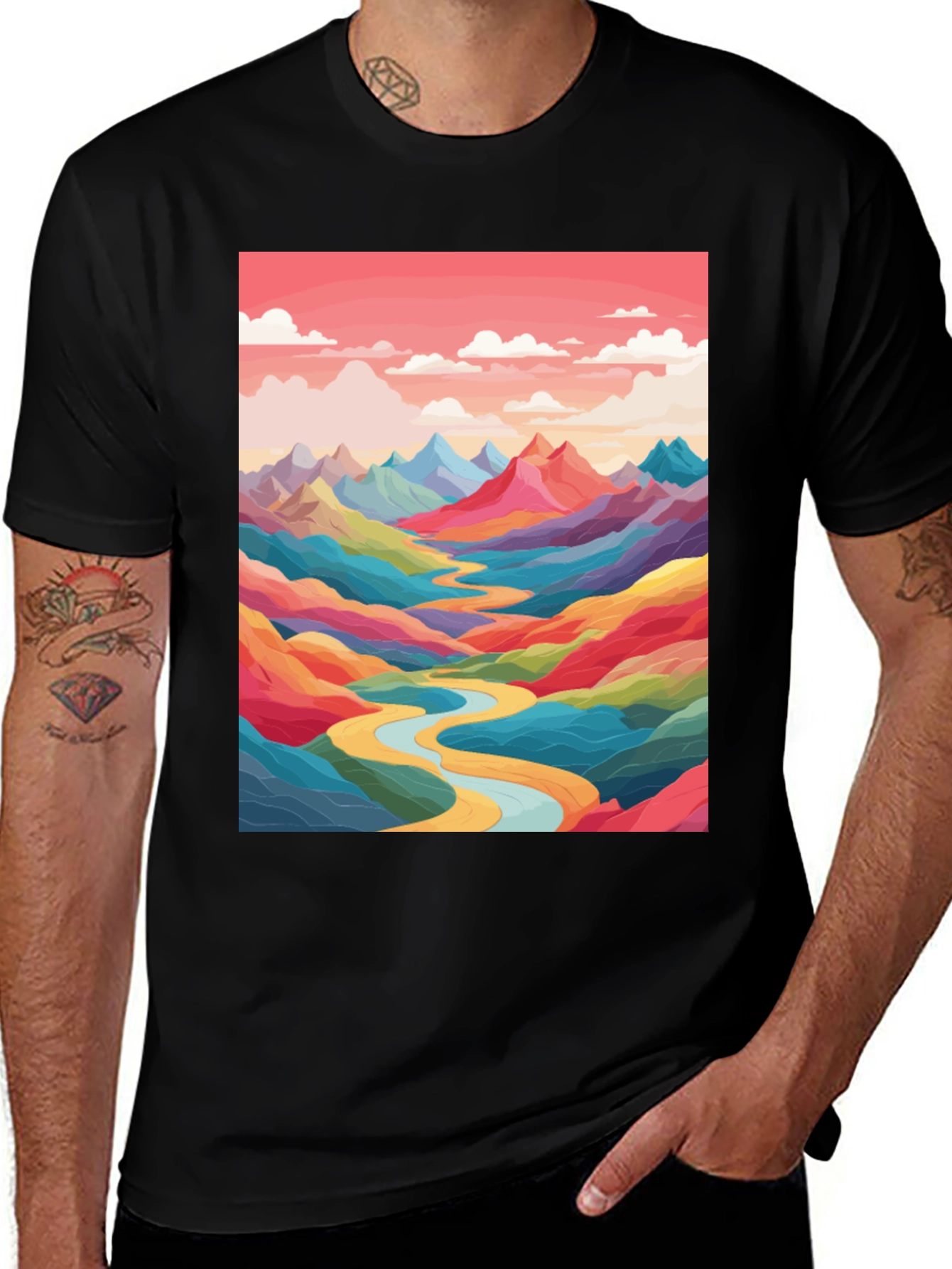 Colorful Mountain Landscape Graphic Tee - Modern Casual Shirt