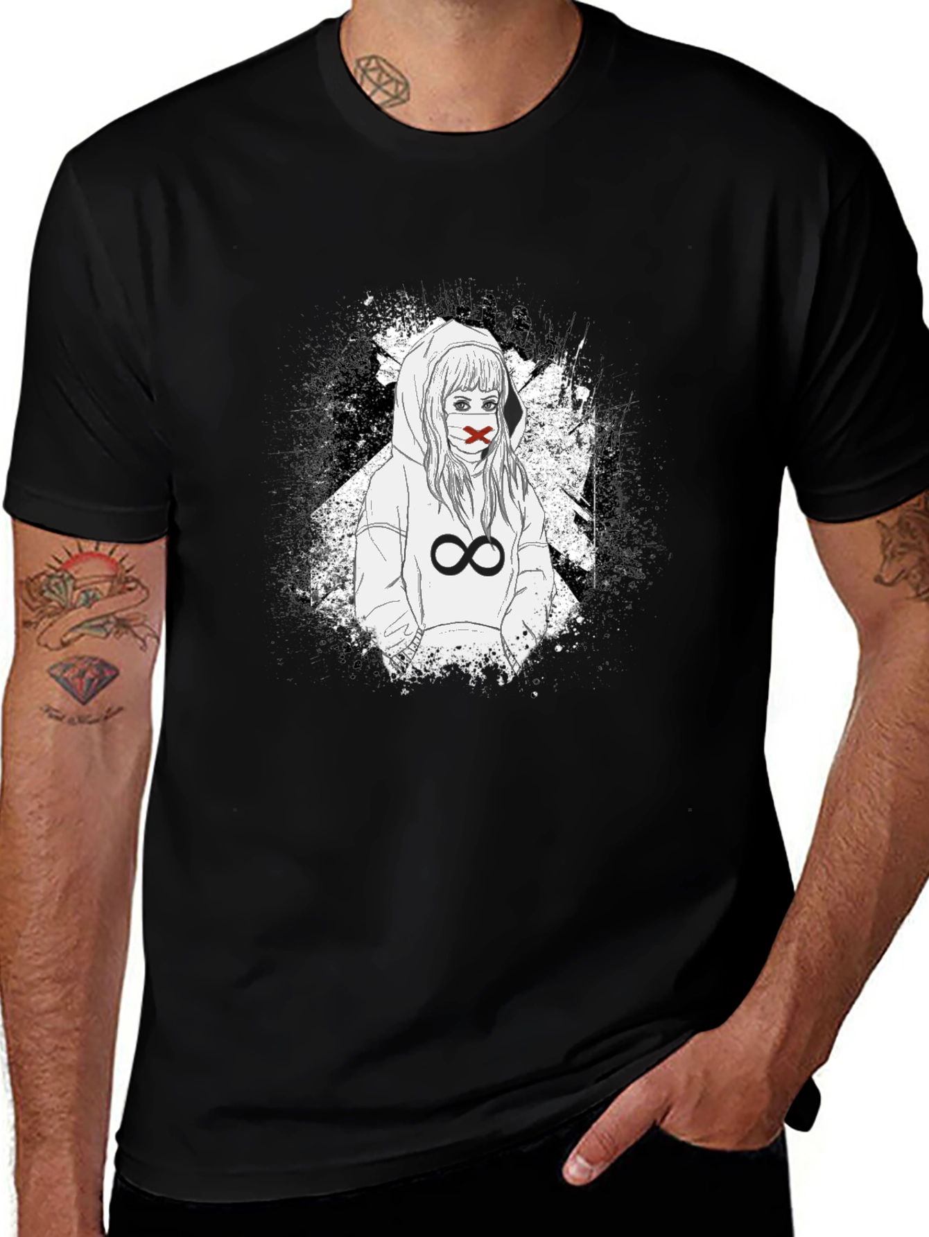 Variant 7 of Black Graphic Tee - Girl with Mask Hoodie & Infinity Symbol