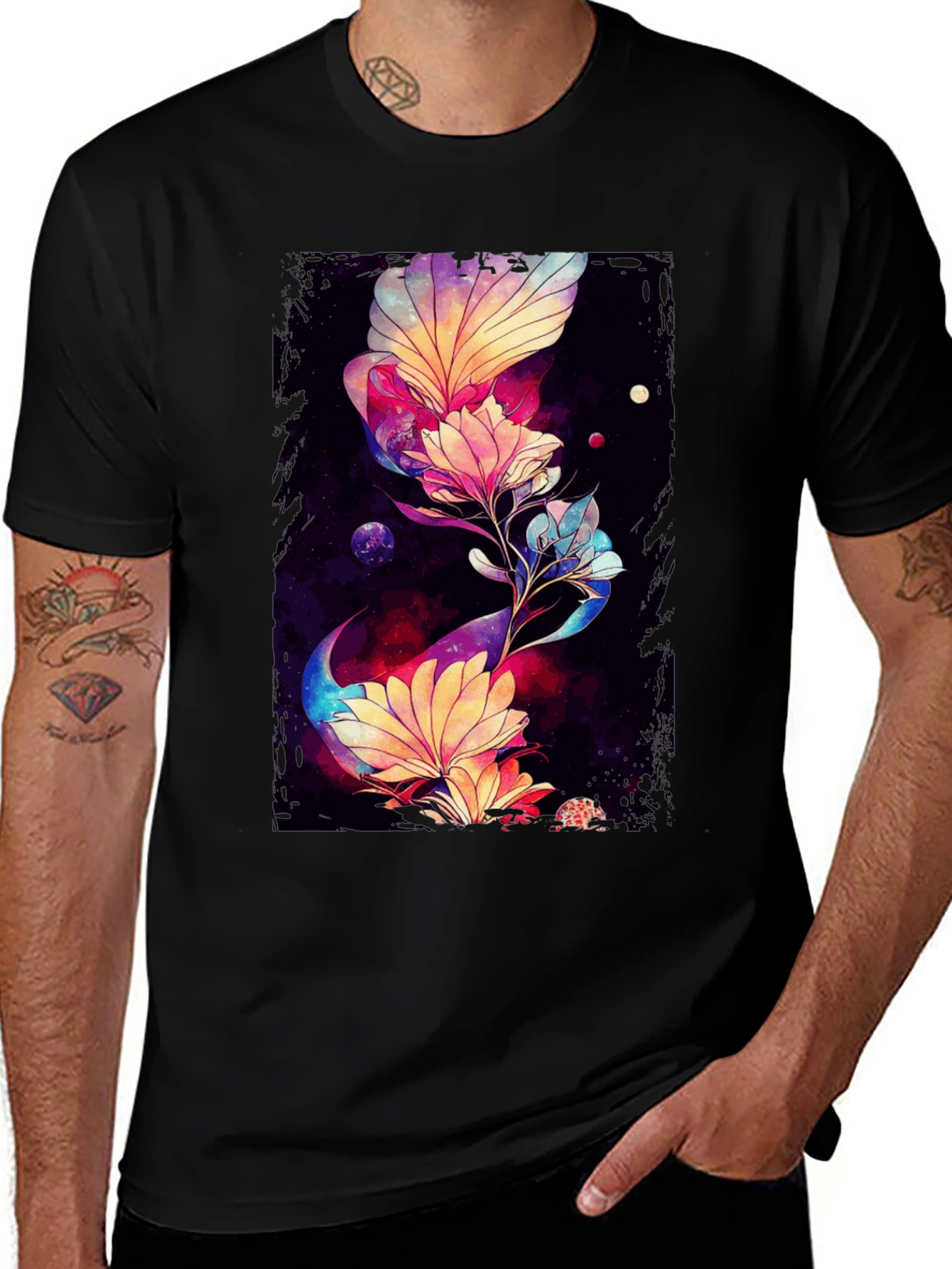 Variant 27 of Floral Galaxy Black T-Shirt - Unique Artistic Design