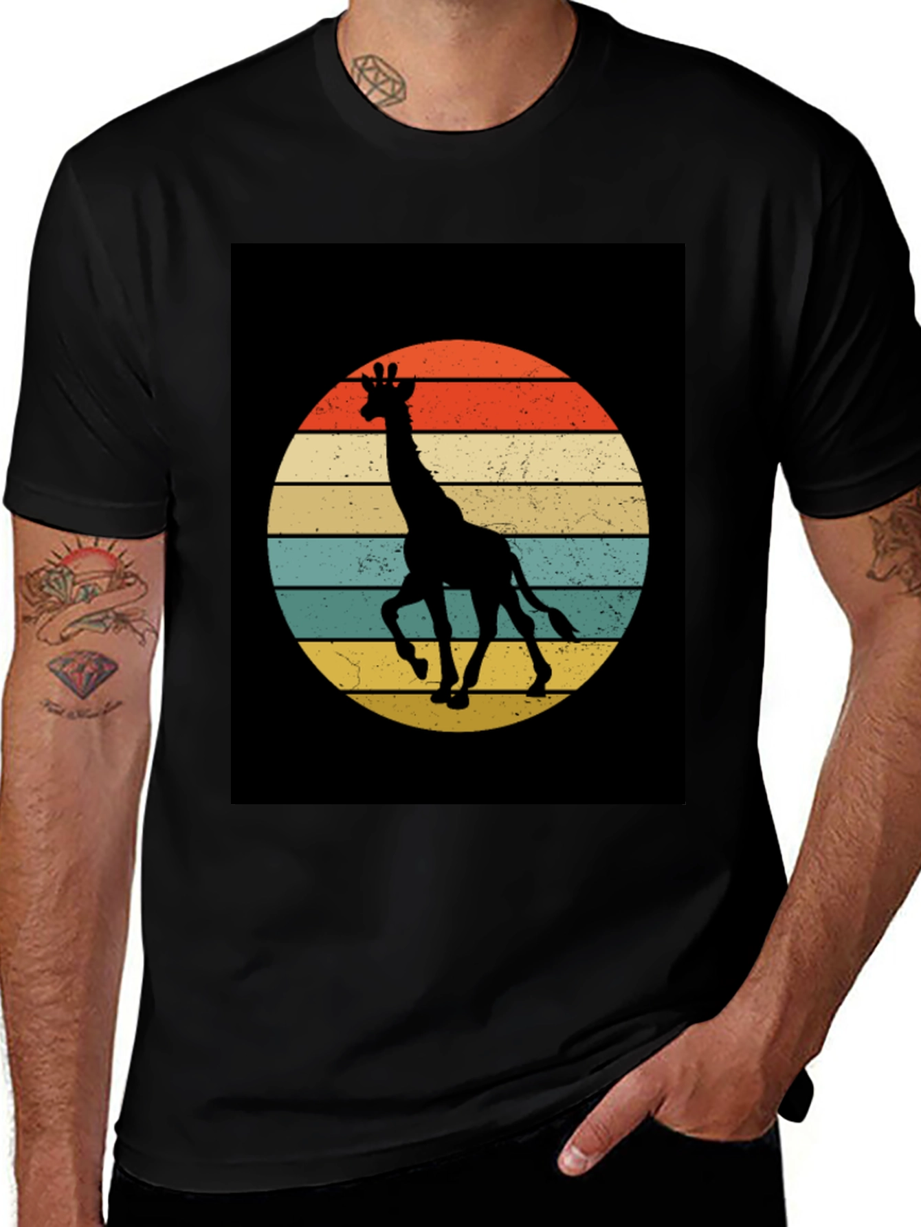 Variant 28 of Retro Giraffe Sunset Graphic Tee - Black