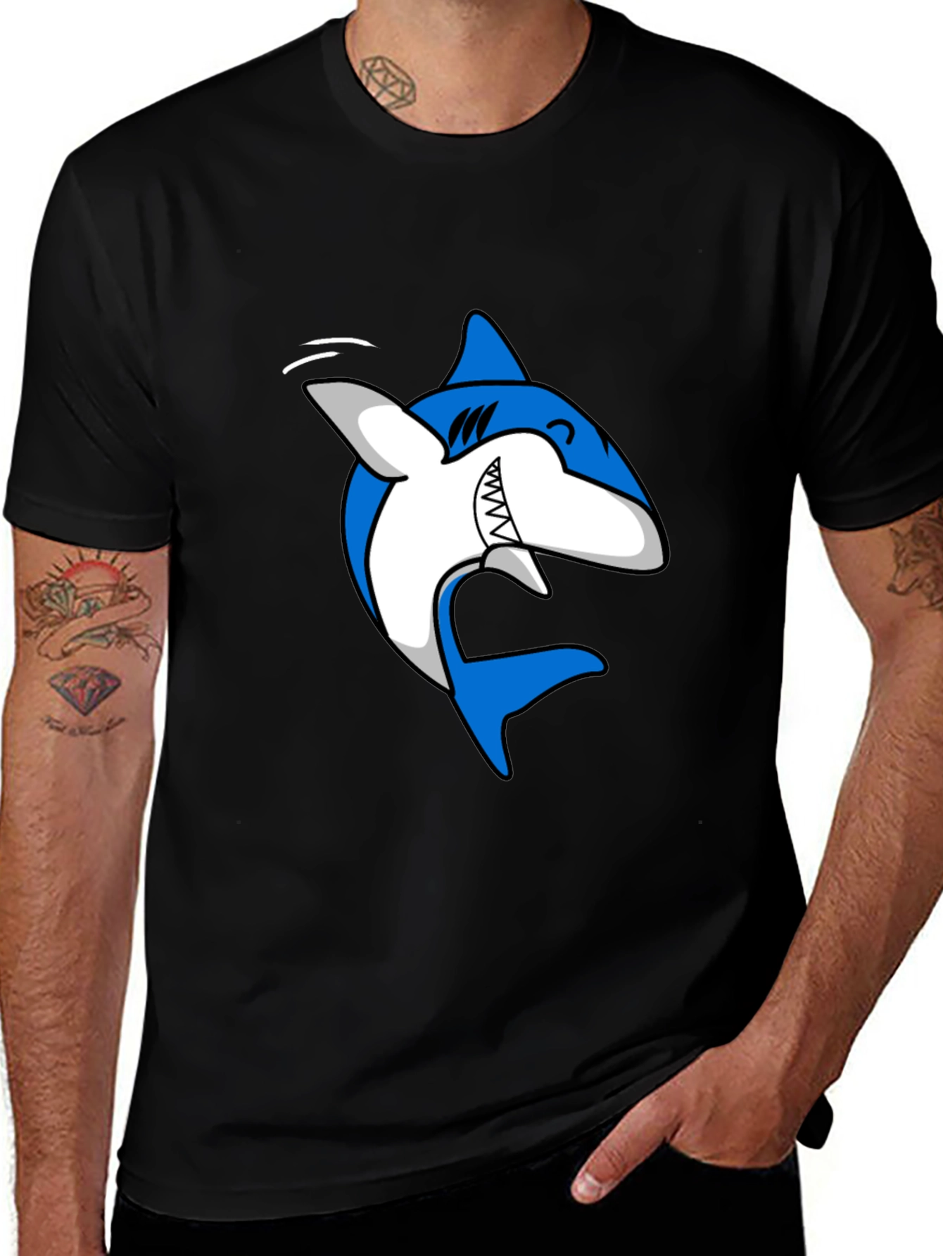 Variant 18 of Cartoon Shark Graphic Print Men's Black T-Shirt