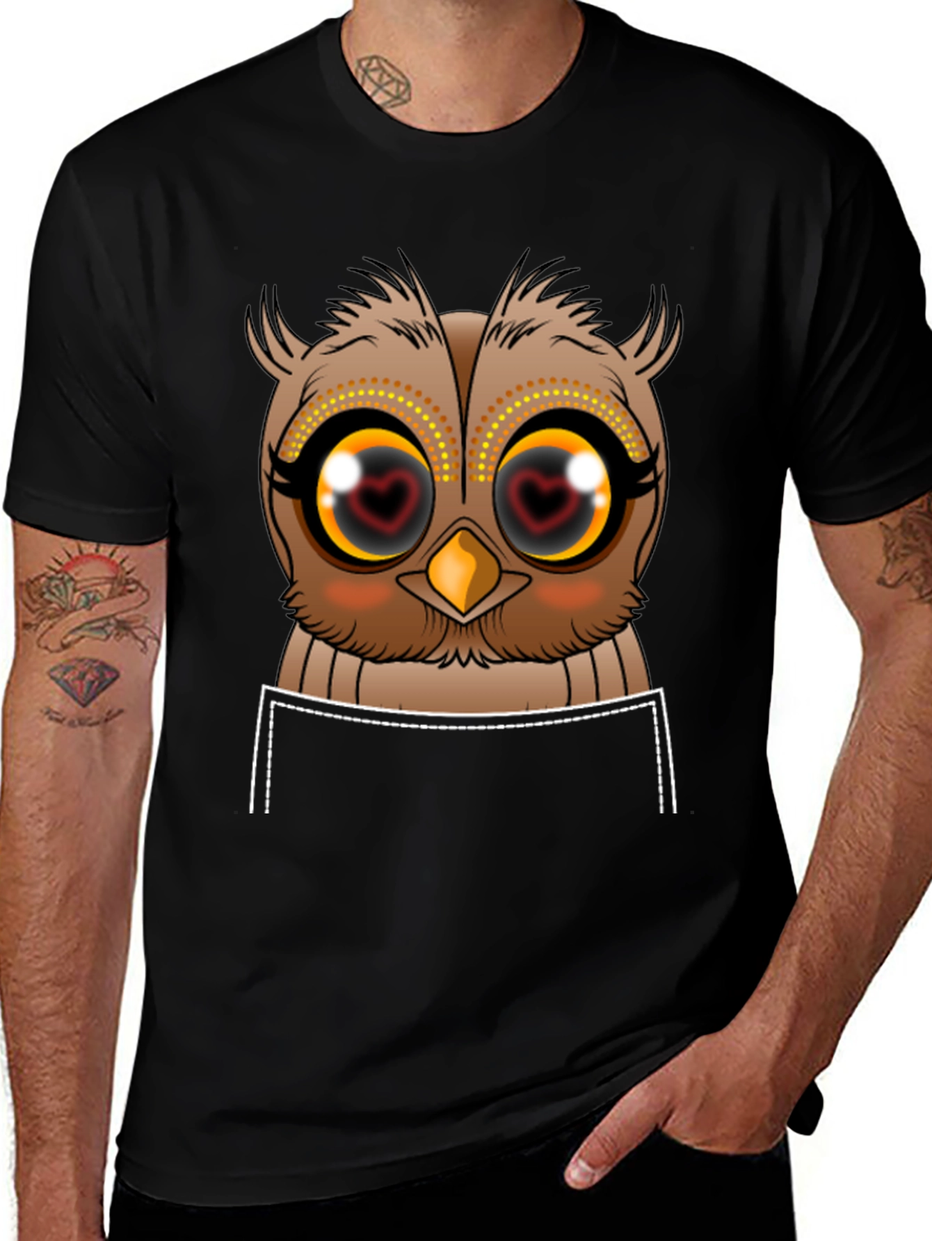 Variant 13 of Owl Heart Eyes Graphic Tee - Black Cotton T-Shirt