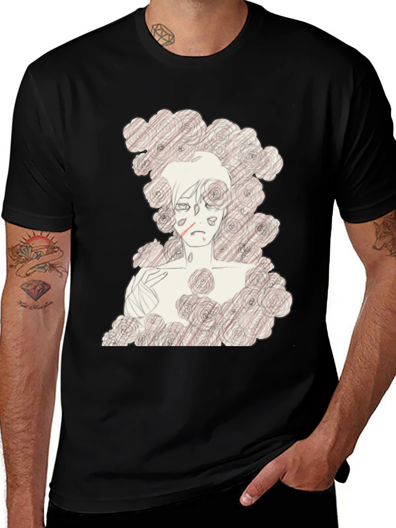 Floral Sketch Graphic Black Tee