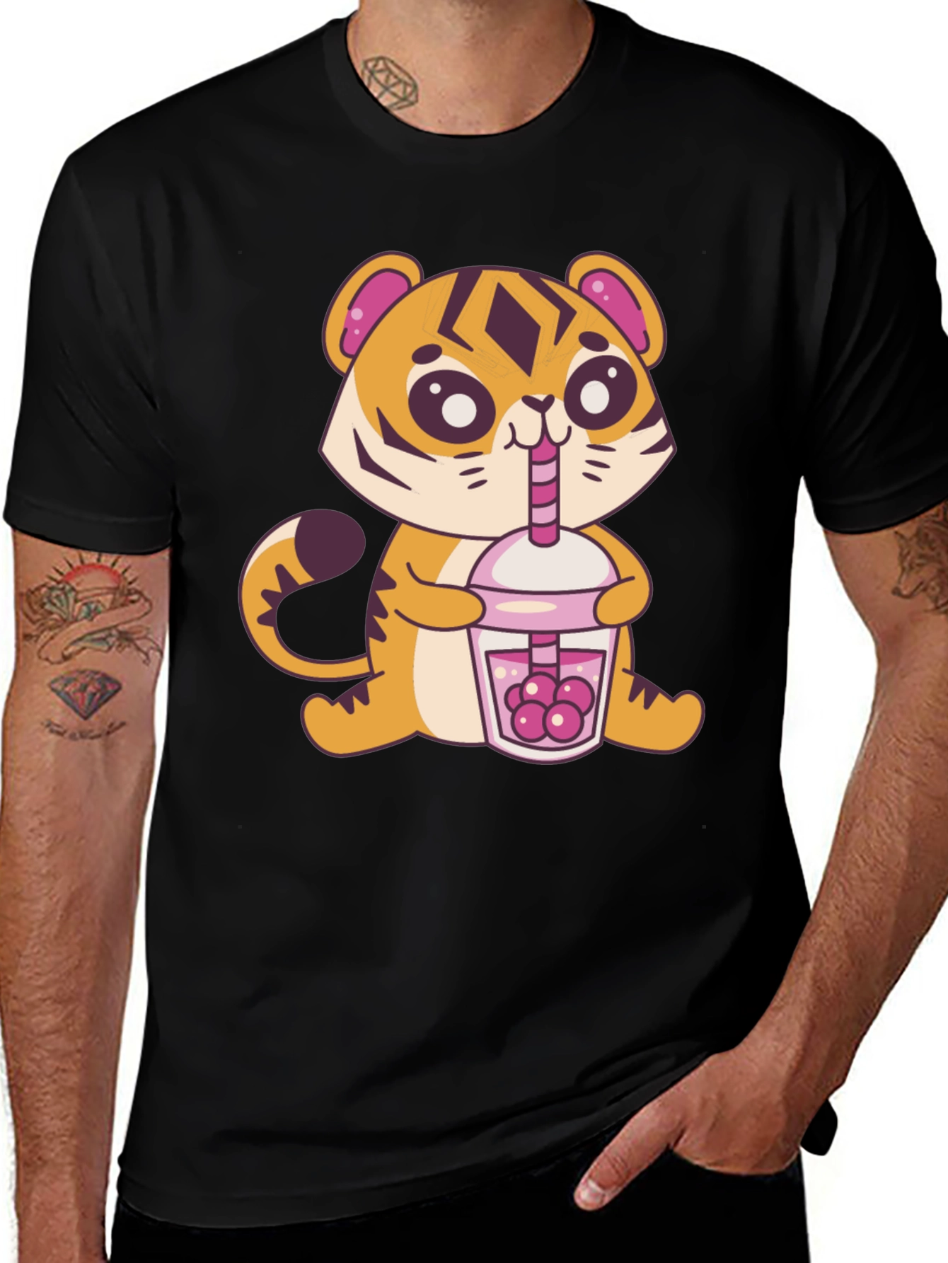 Variant 4 of Cute Tiger Boba Tea Graphic Tee - Black