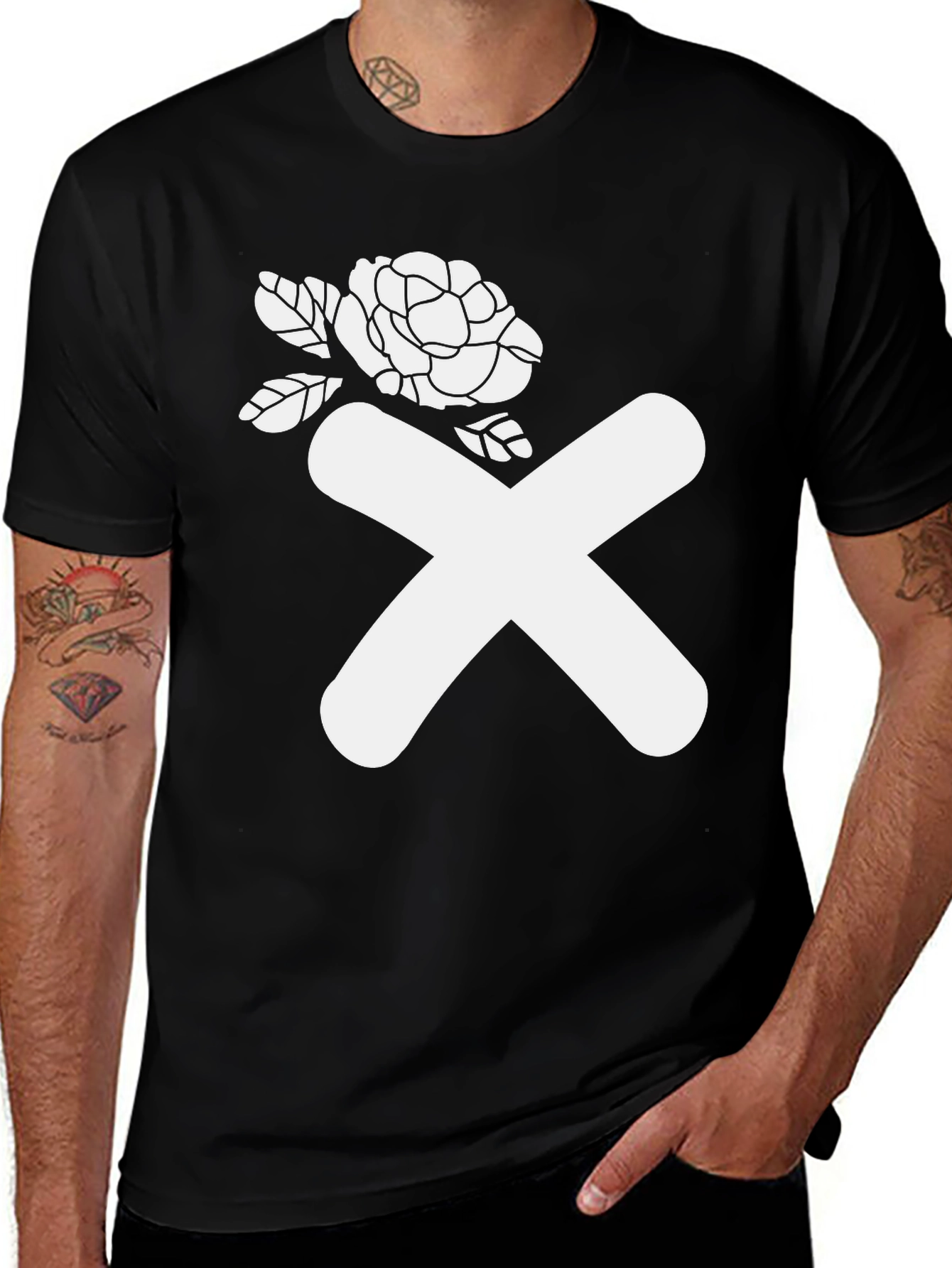 Abstract Rose & X Graphic Black T-Shirt