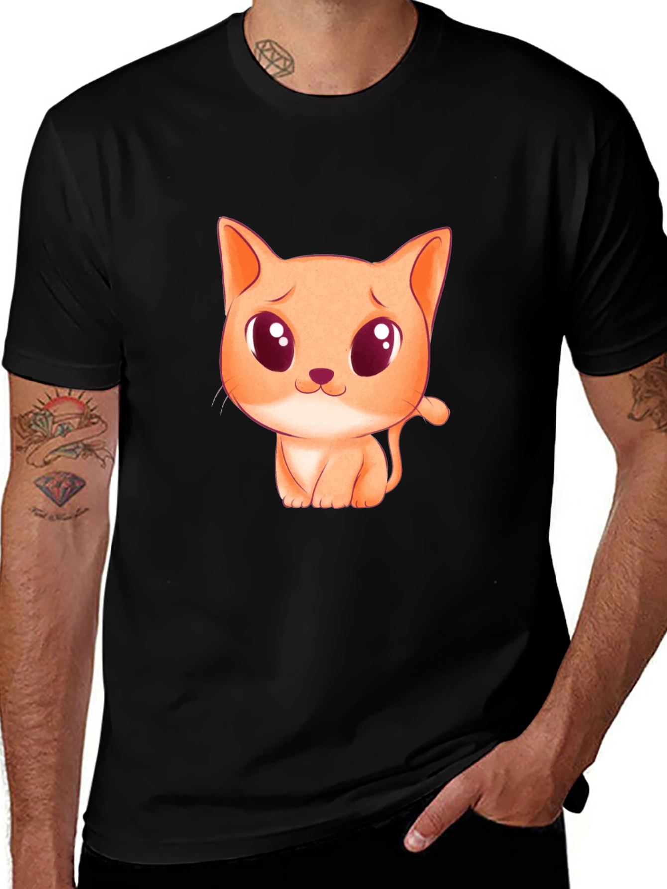 Variant 6 of Cute Cartoon Cat Graphic Black T-Shirt