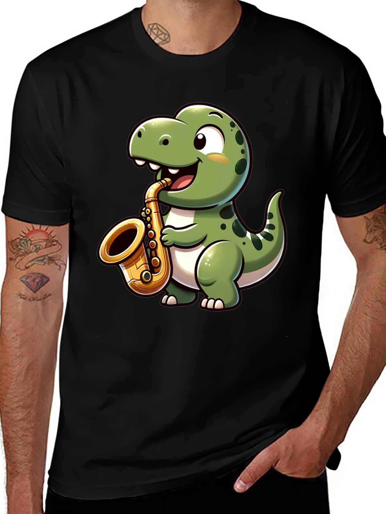 Dino Sax T-Shirt - Cartoon Dinosaur Playing Saxophone