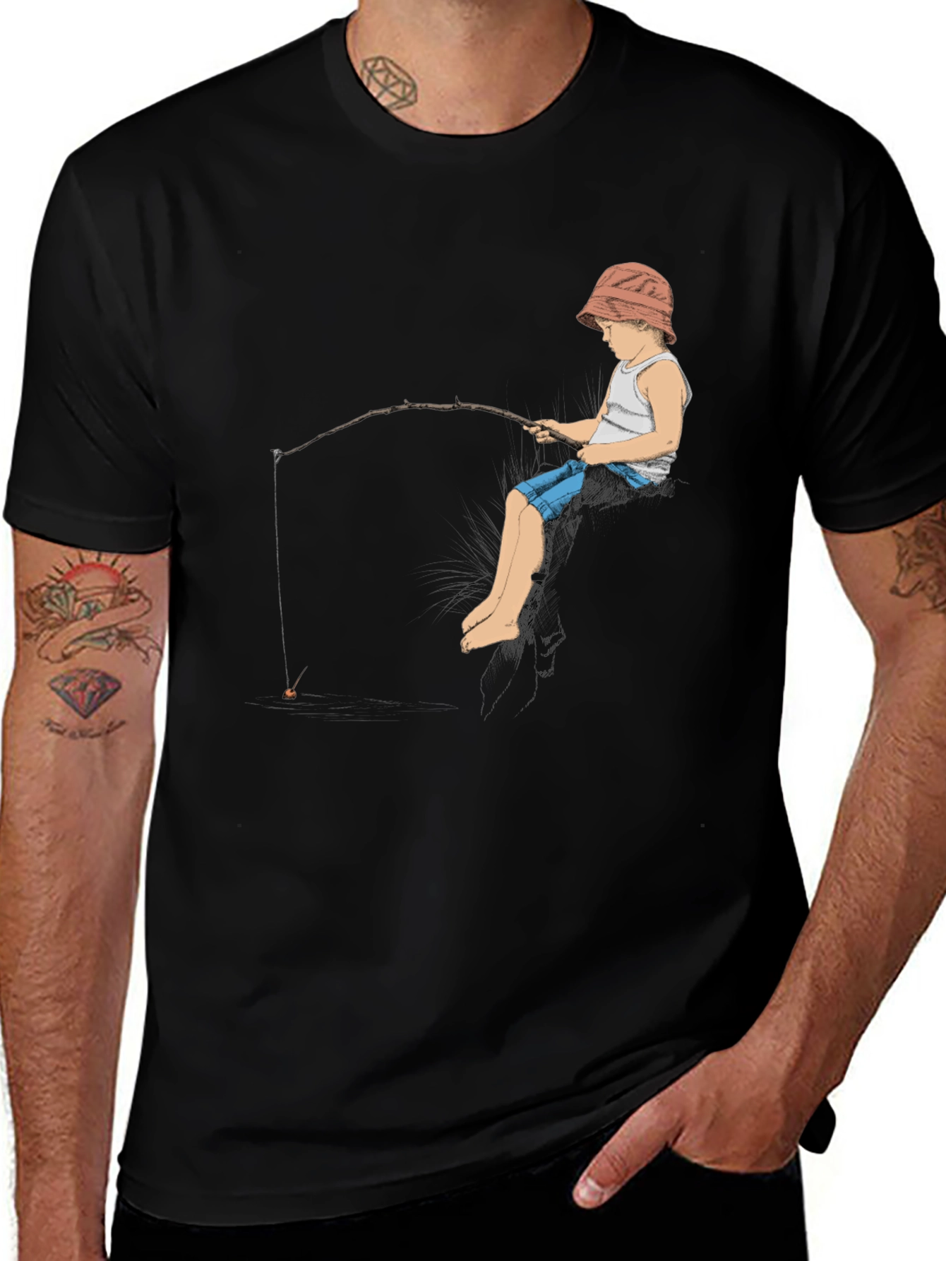 Variant 26 of Boy Fishing Graphic Tee - Black Cotton T-Shirt